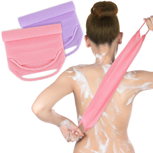 2 Pack Exfoliating Back Scrubber for Shower, Nylon Wash Scrubber Cloth with Handles, Body Scrubber Towel for Deep Cleansing and Removing Dead Skin (Includes Pink & Purple)