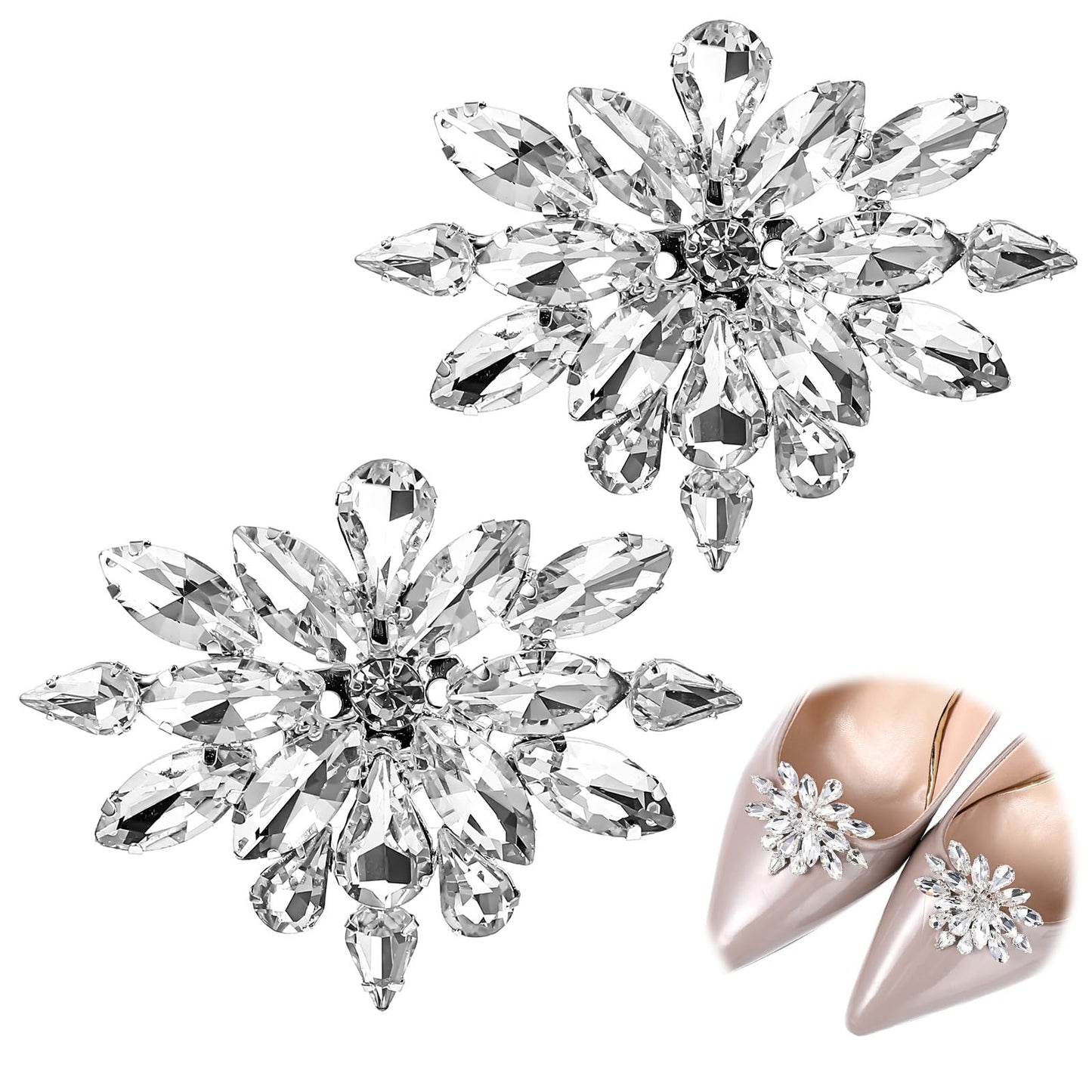 2 Pcs Rhinestone Shoe Clips for Women Dress Shoes Crystal Bridal Shoe Buckles Clips Removable Elegant Rhinestone Shoe Accessories for Wedding Party Decoration DIY Craft Accessories (Silver)