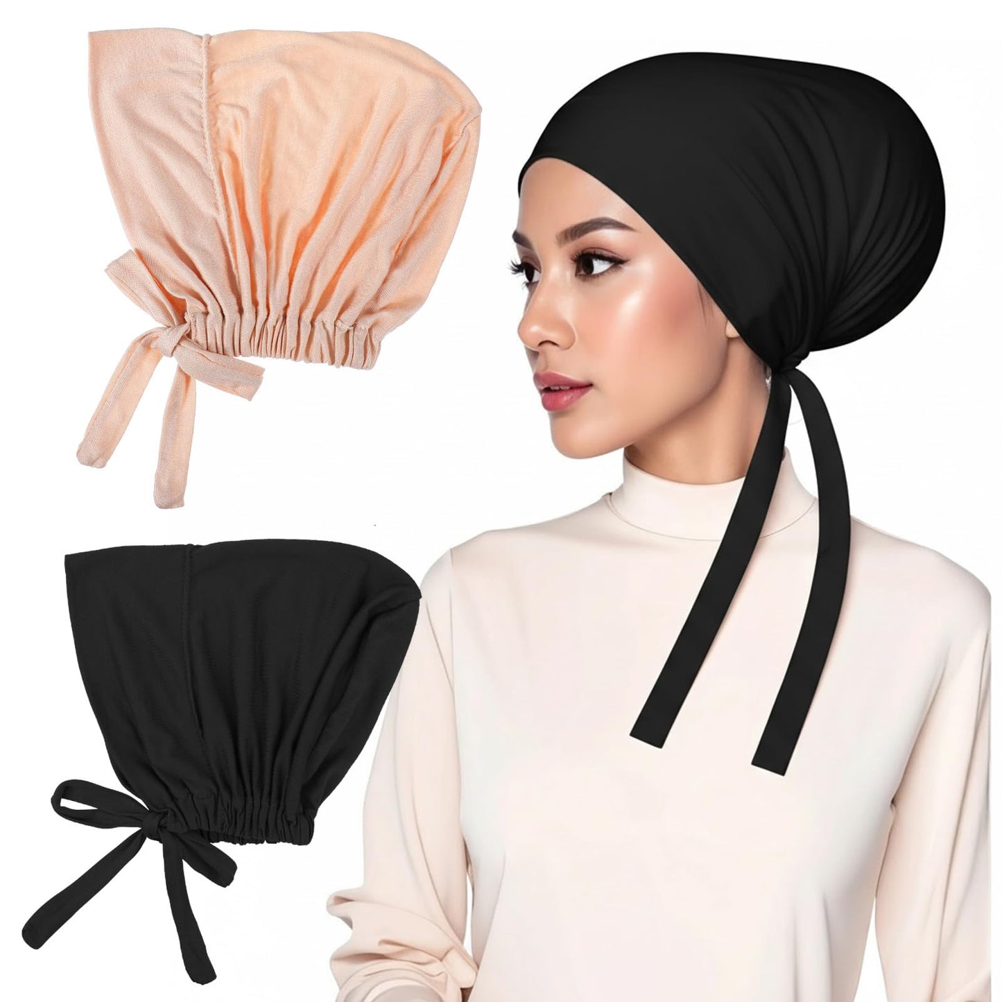 Tyqour Hijab Undercap Hijab Caps for Women - 2pcs Elastic Base Cap Headscarf Hat, Black & Beige, Polyester, Non-Slip, Comfortable Fit