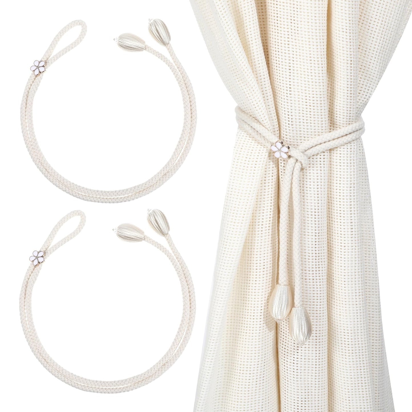 2 Pcs Tassel Tie Backs No Drilling, Boho Curtain Tiebacks Rope for Black Blue Light Color Curtains, Curtain Holders for Living Room Bedroom Outdoor Yard Garden Drapery (Beige)