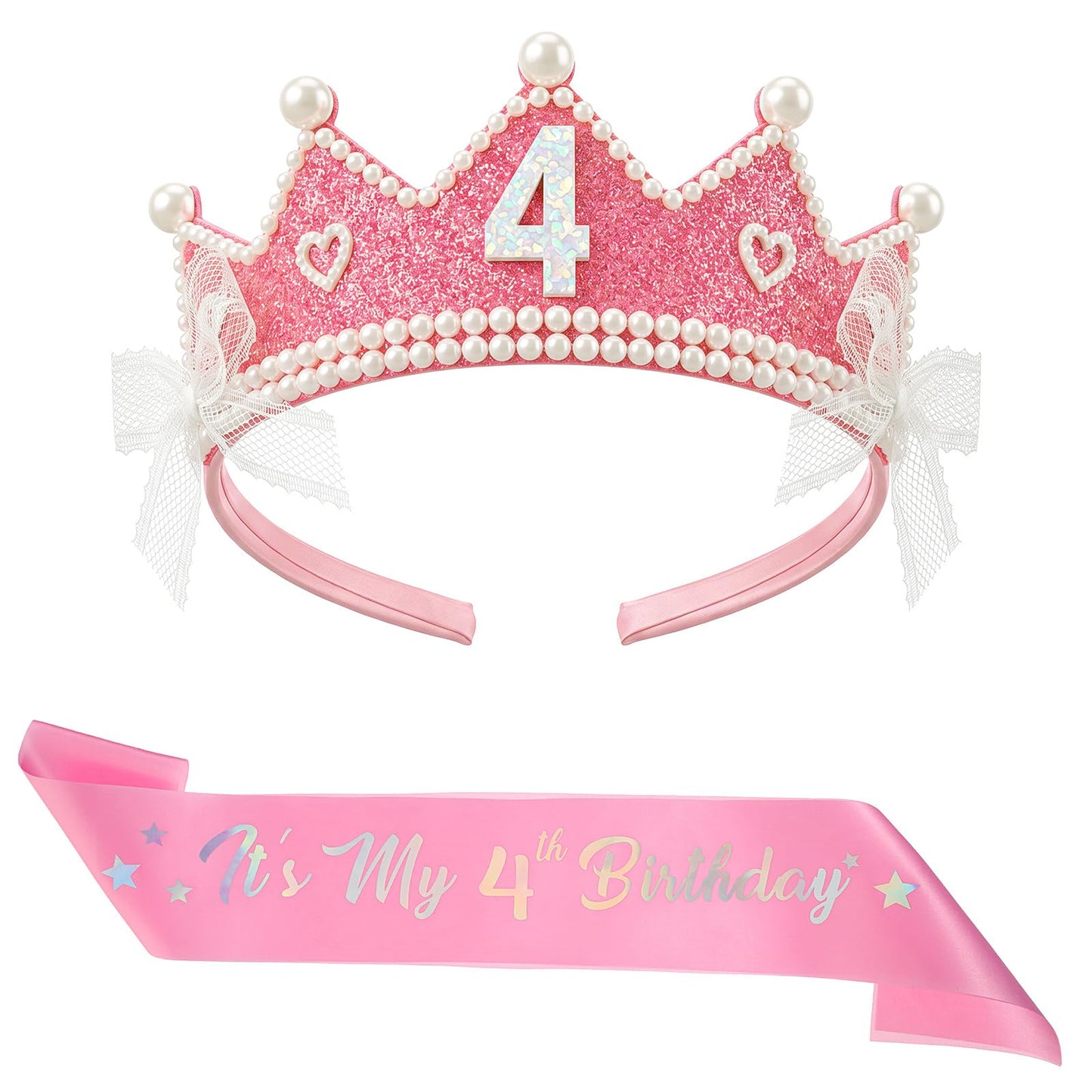 2Pcs Birthday Sash Crown For Girls, 4th Birthday Decorations Girl Pink