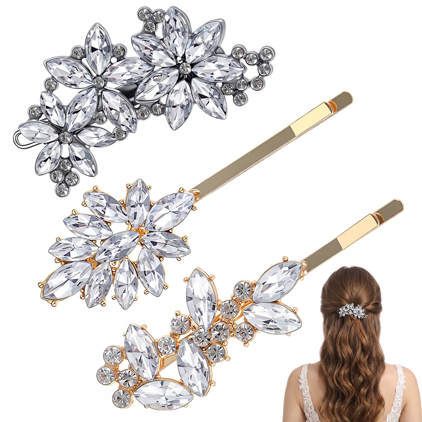 RAHHLIZS 3pcs Rhinestone Hair Clips, Gold Decorative Hair Clips