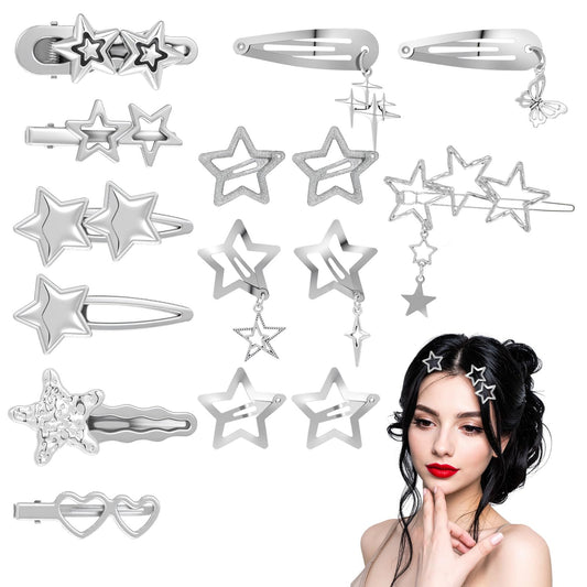 15 PCS Silver Y2k Star Hair Clips, Metal Star Snap Barrettes, Cute Hairpin Barrettes, Goth Hair Pins Set, Punk 2000s Hairs Accessories for Women and Girls Styling Hairpin
