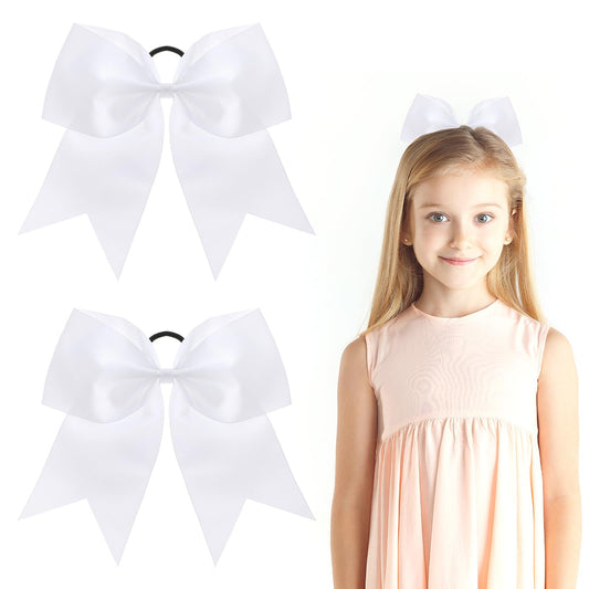 2 Packs White Hair Bow 8 Inch Solid Color Large Hair Bows For Women Cheerleading Hair Bows With Ponytail Holder Hair Accessories For Teen Girls Softball Cheerleader Outfit Uniform (White)