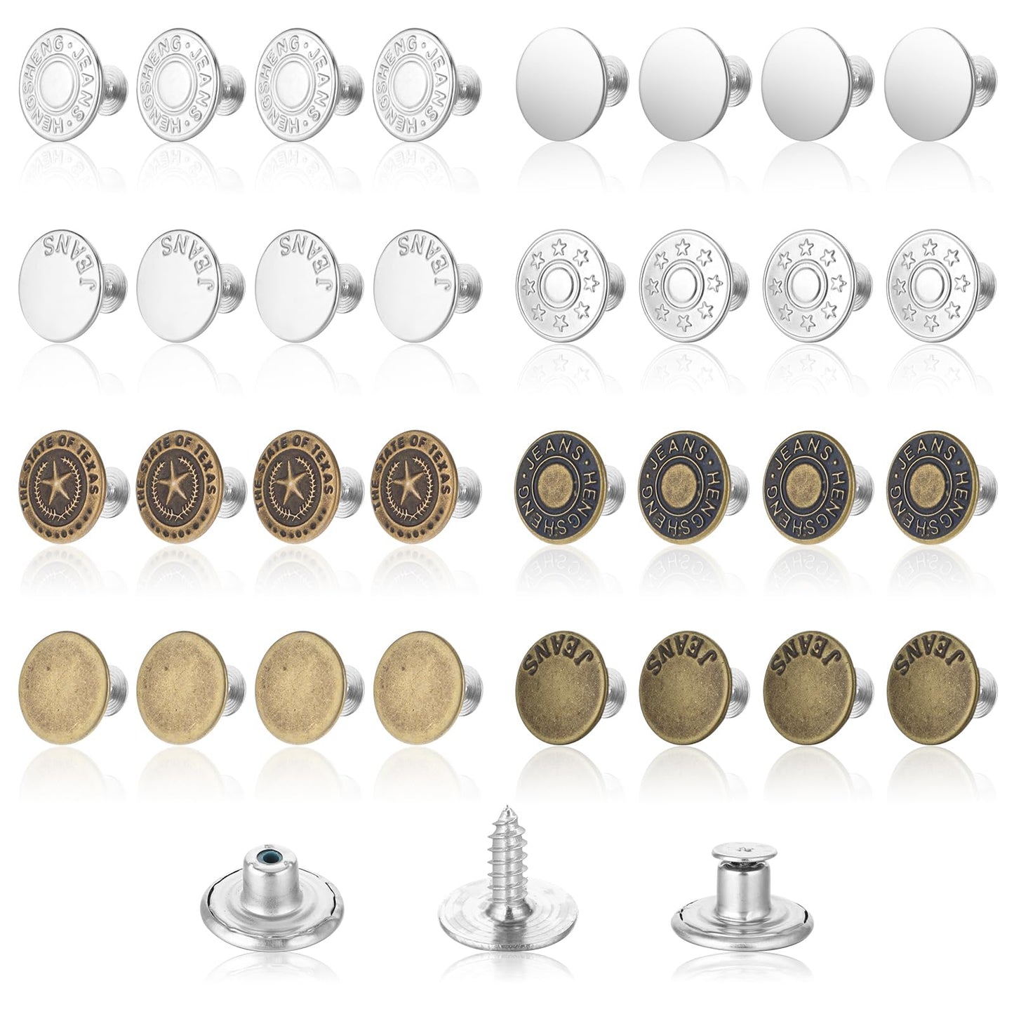 Tyqour 32Pcs No Sew Jean Button Replacement, Reusable Metal Jean Buttons for Loose Jeans, Adjustable Pants Button Tightener for Waist for Men Women