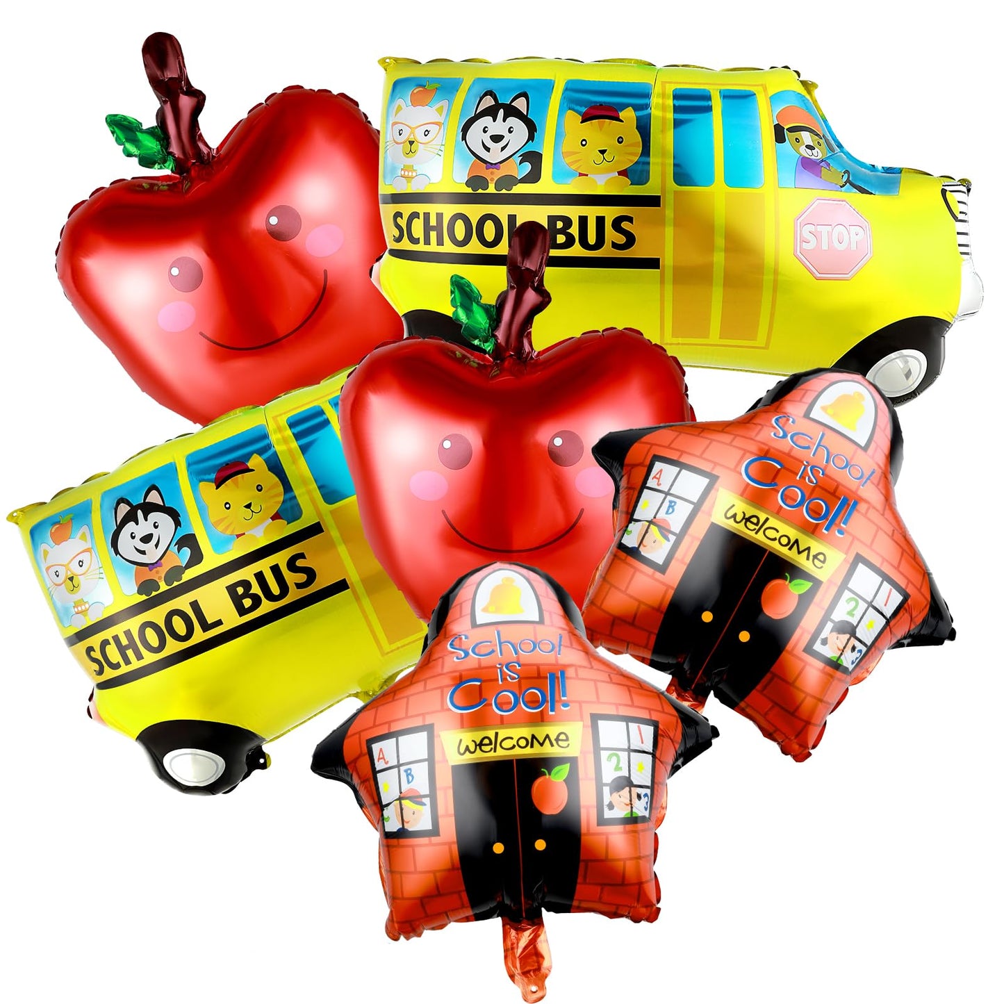 6 PCS Back to School Balloons for Decorations School Bus Balloons Red Fruit Balloons School Is Cool Balloon Mylar Balloons for First Day of School Welcome Back Kindergarten Classroom Decoration