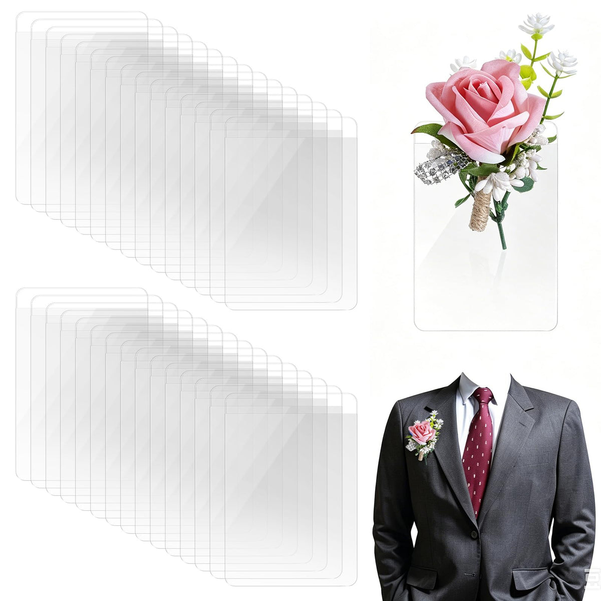 30 Pack Pocket Boutonniere Holder Plastic Square Flower Sleeve