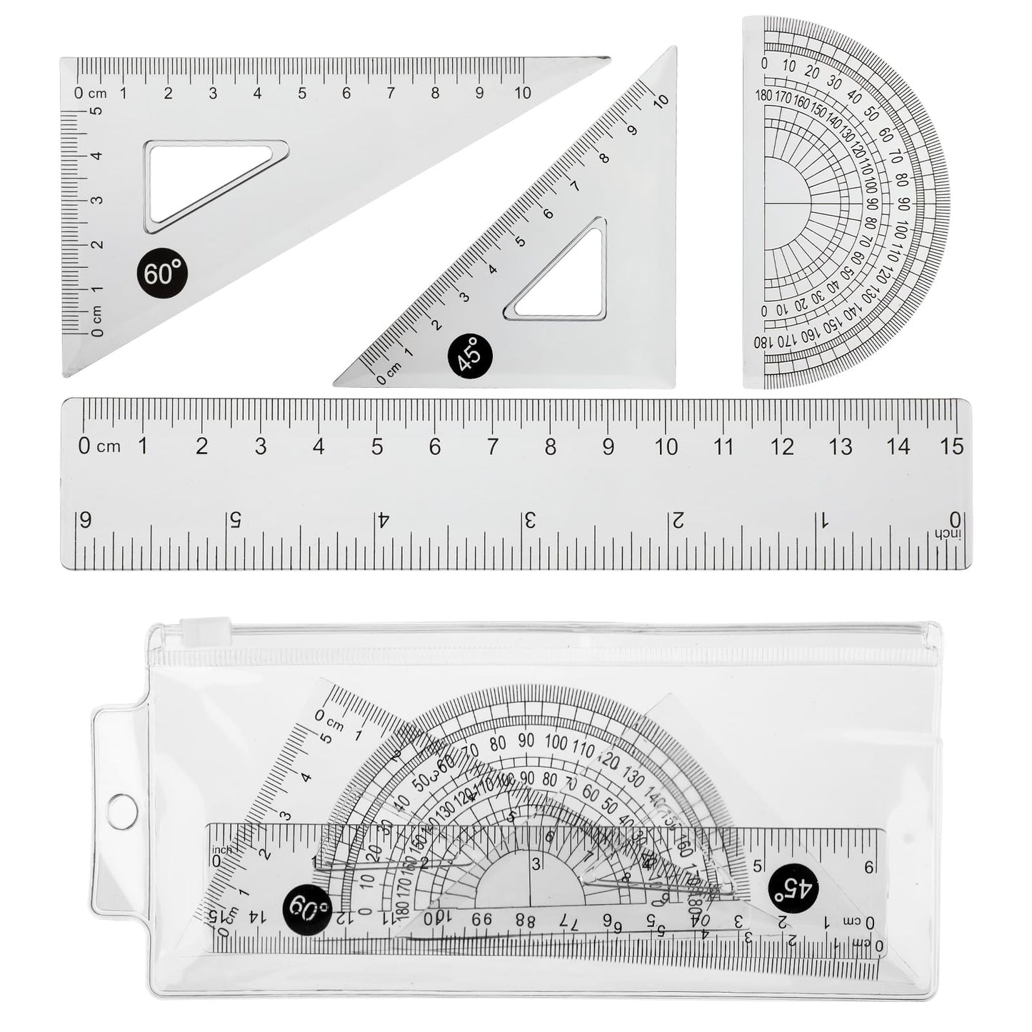 Mabor Small Maths Set,Clear Ruler and Protractor,Fast to Read Easy to Carry,15cm Ruler,Small Ruler include Protractor,Triangle Rule,Geometry Set,Multifunctional Ruler School Office Home Supplies