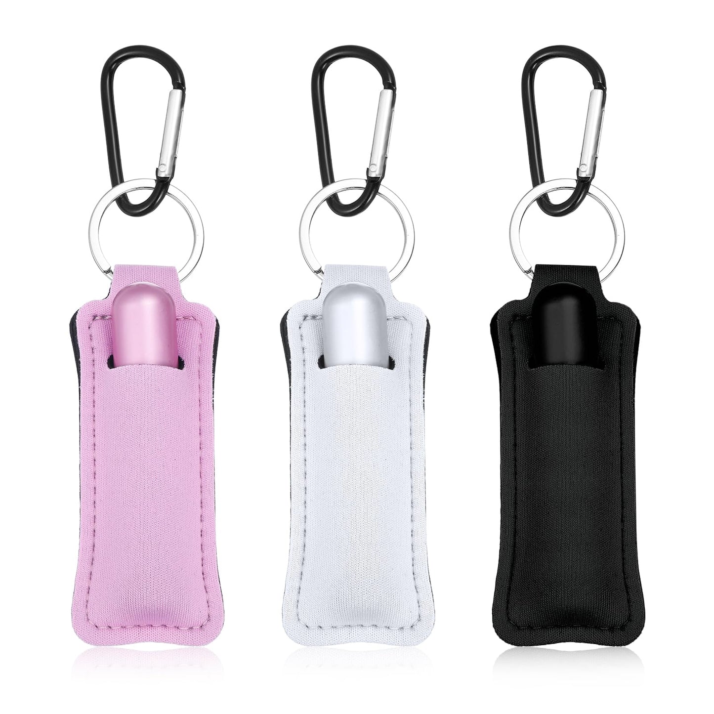 Nogeqi 3PCS Lipstick Holder Keychain for Lipstick, Lip Balm Keychain Holder with Clip, Clip-On Sleeve Pouch Lip Stick Balm(Pink, White, Black)