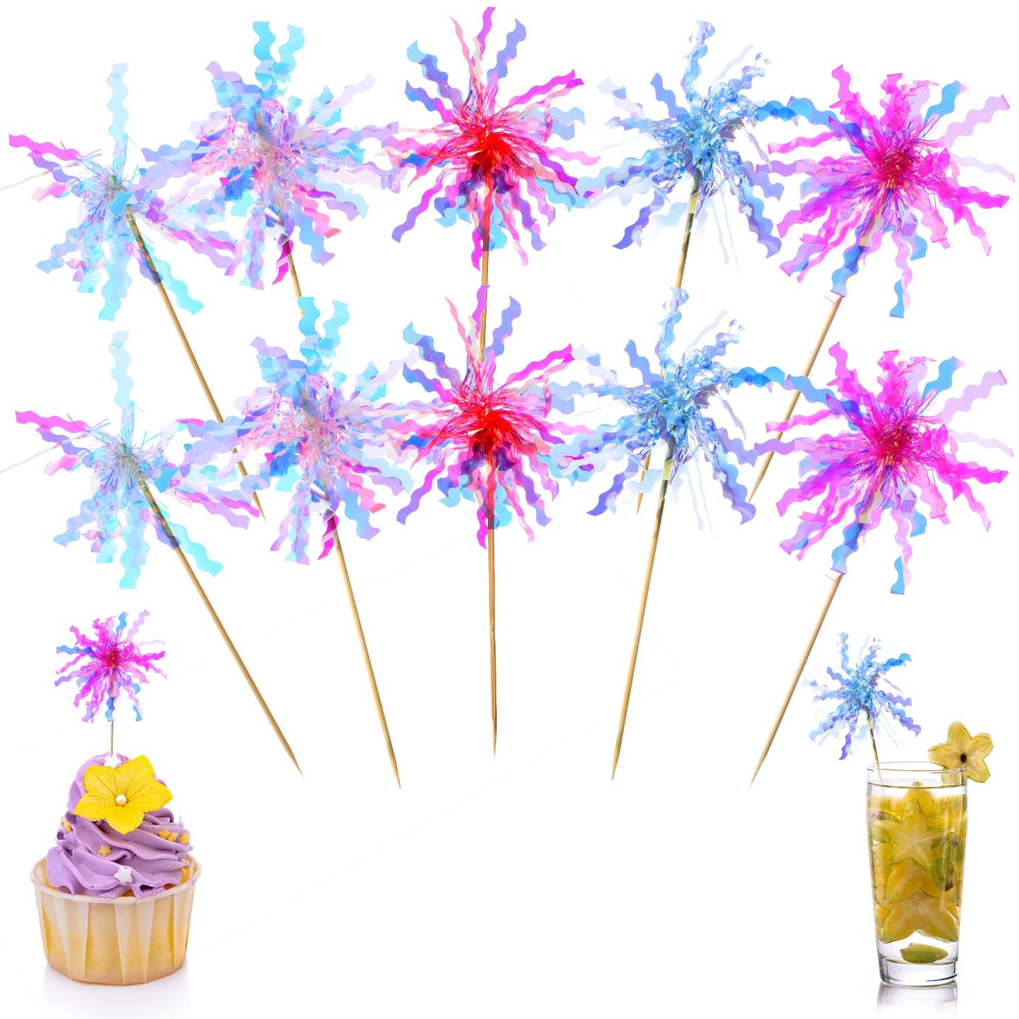10Pcs Firework Cupcake Toppers Cocktail Toppers Drink Toppers Firework Decorations Foil Firework Cupcake Toppers Takemay Sparkle Blue and Purple Foil Firework Cake Toppers for Birthday Wedding