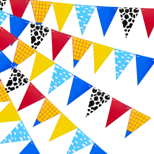 12 PCS Toy Cartoon Story Birthday Banner Birthday Party Decorations Blue Sky White Cloud and Cow Print Pennant Red Blue Yellow String Triangle Flag Banner for Baby Shower Birthdays Party Decor