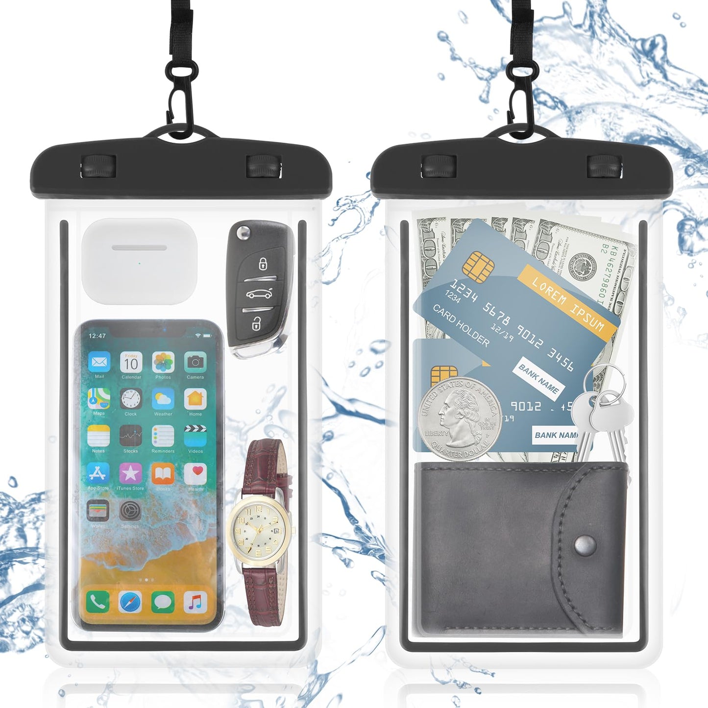 Tyqour 2 Pack Phone Waterproof Case, Cellphone Waterproof Pouch for Swimming, Water Proof Bags for Vacation Beach Pool Kayak Cruise Travel Essentials Accessories Clear