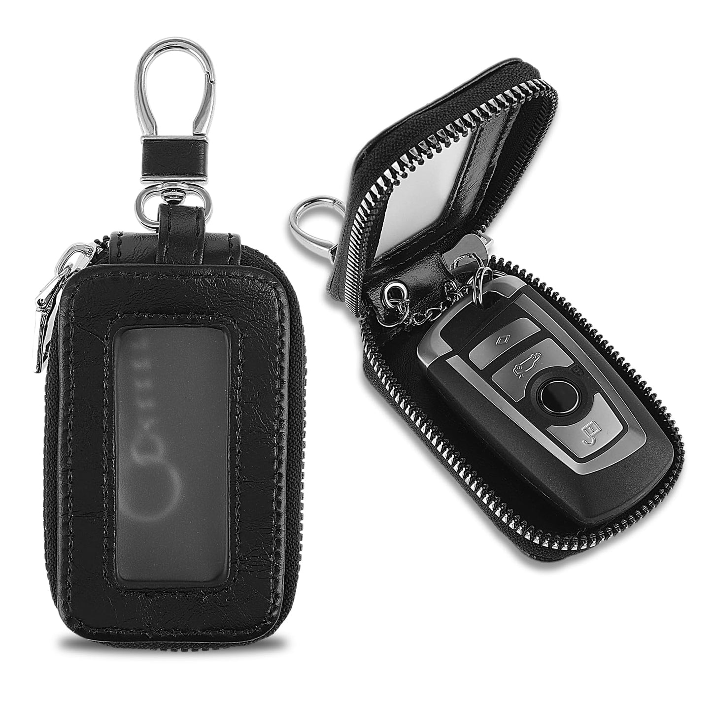 Ouligay Car Fob Protector Car Key Holder Universal Premium Key Fob Holder Keychain with Zipper Closure Keychain Pouch Leather Car Key Fob Case with Metal Hook for Men Women
