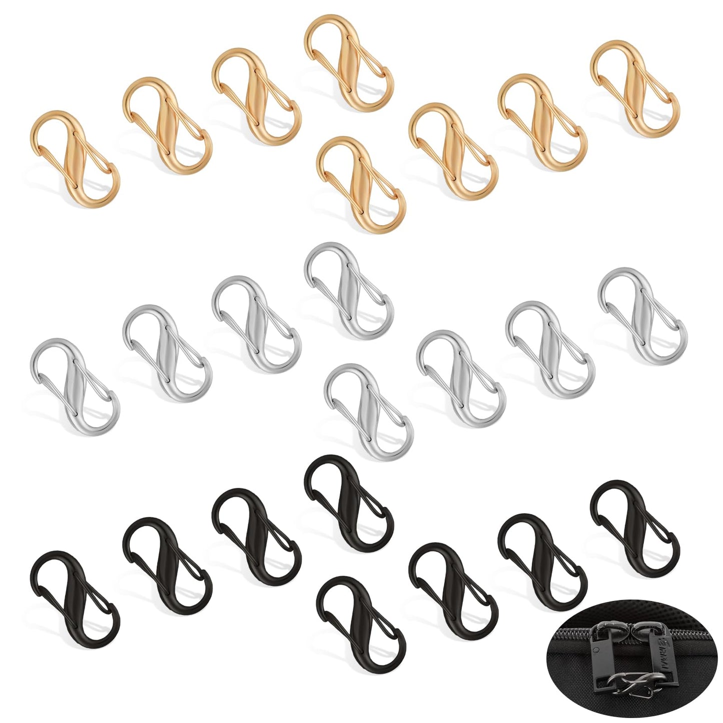 Ouligay 24 Piece Zipper Locks for Backpacks, Double Opening Zipper Locks Anti Theft, Mini S Carabiner Clip, Replacement Zipper Pull for Camping Hiking Luggage Outdoor Fishing Suitcase