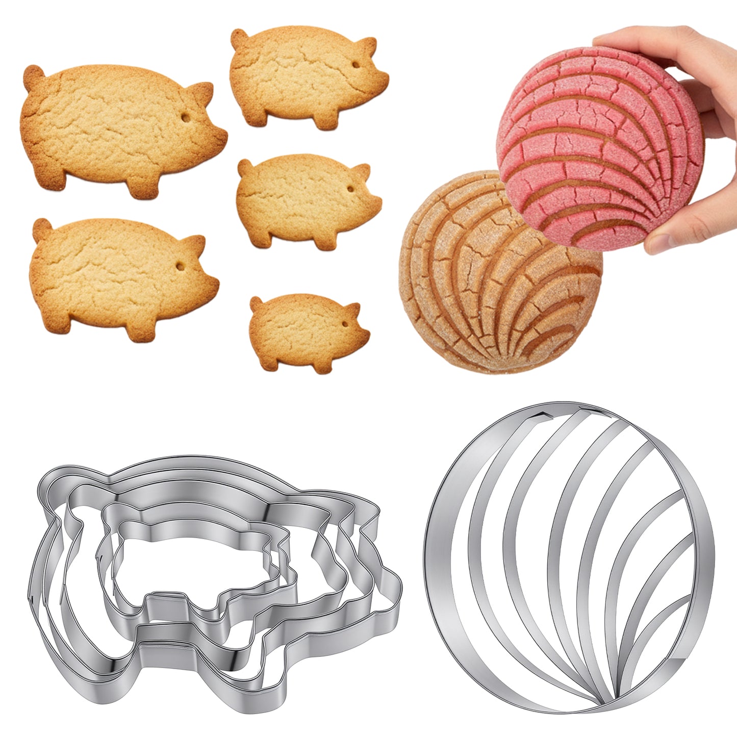 Xinjoduz Concha Cutter with 5 Sizes Pig Shaped Cookie Cutter Set Stainless Steel Double Sided Mexican Bread Mold Kitchen Cookie Stamps for Baking Cookies Cakes Biscuits Pastries (Silver Round Pig)