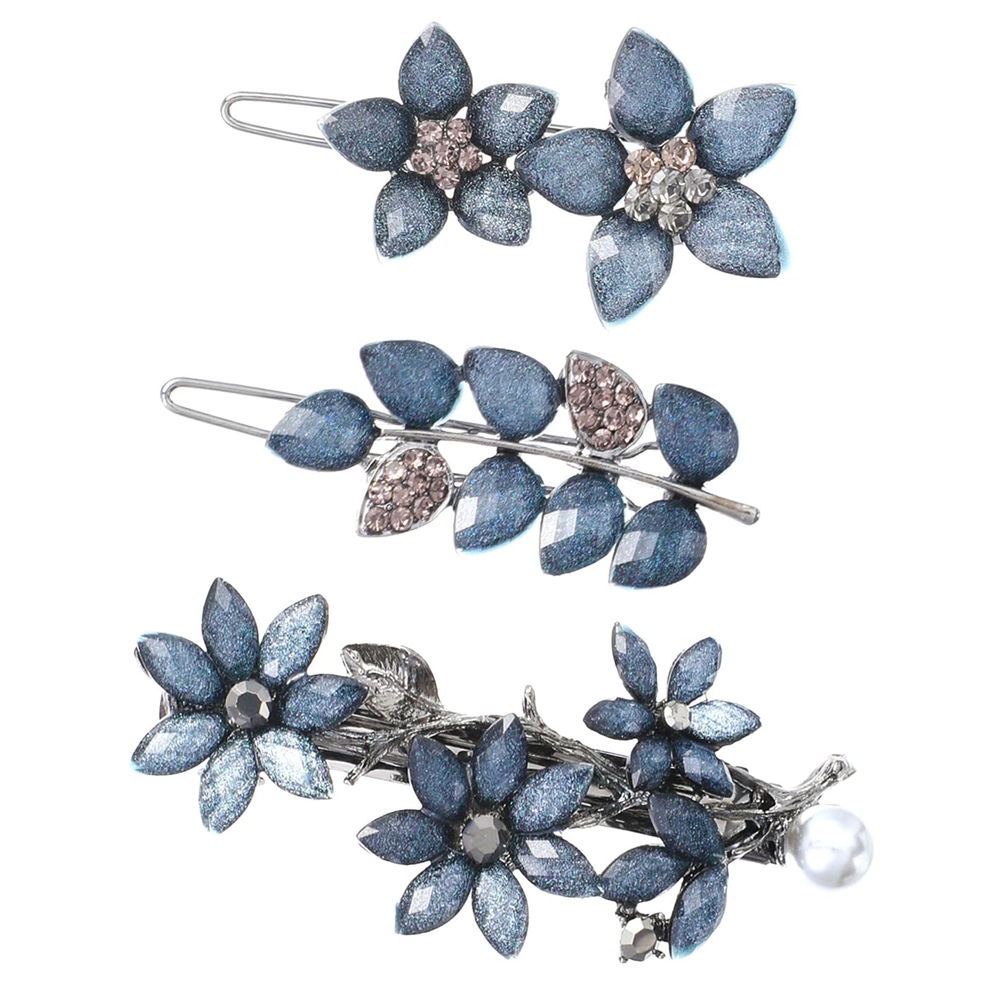 Chsoejuf 3PCS Rhinestone Hair Clips, Ink-Blue Flower Rhinestone Clips