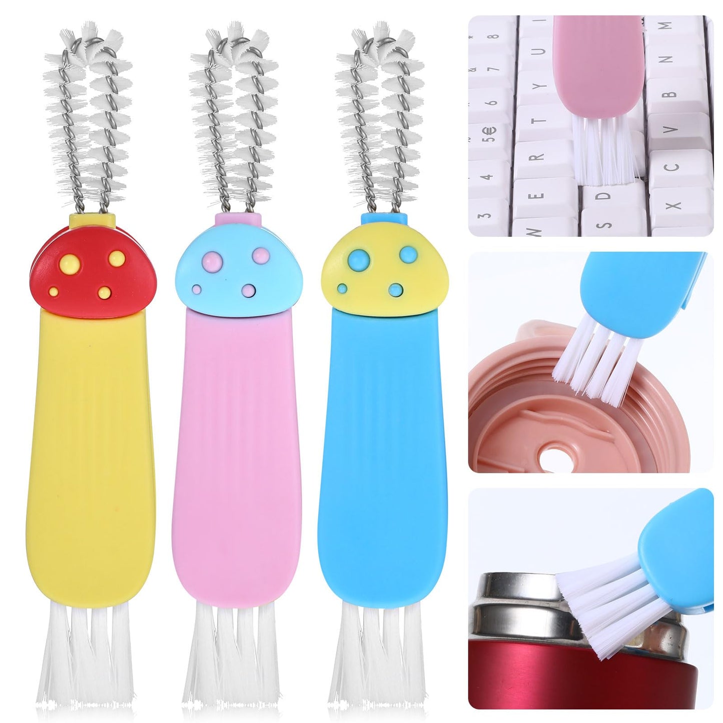 Nogeqi 3 Pcs 3 in 1 Cup Lid Cleaning Brush for Household Use Home Kitchen Portable Cup Brush Cleaner Multifunctional Cleaning Brush for Cups Kitchen Cleaning Tools(Yellow, Pink, Blue)