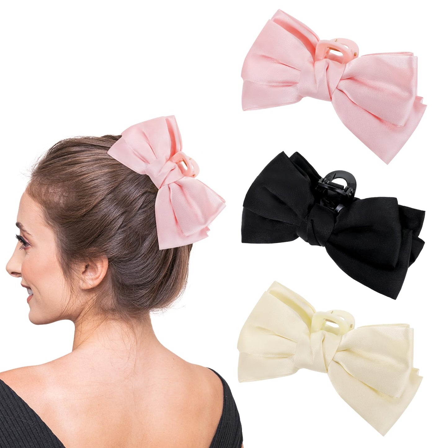 3 PCS Bow Claw Clip Satin Ribbon Hair Bow Clips for Women Girls, Nonslip Bow-Knot Hair Clamps Barrettes for Thin & Thick Hair(Black+white+pink)