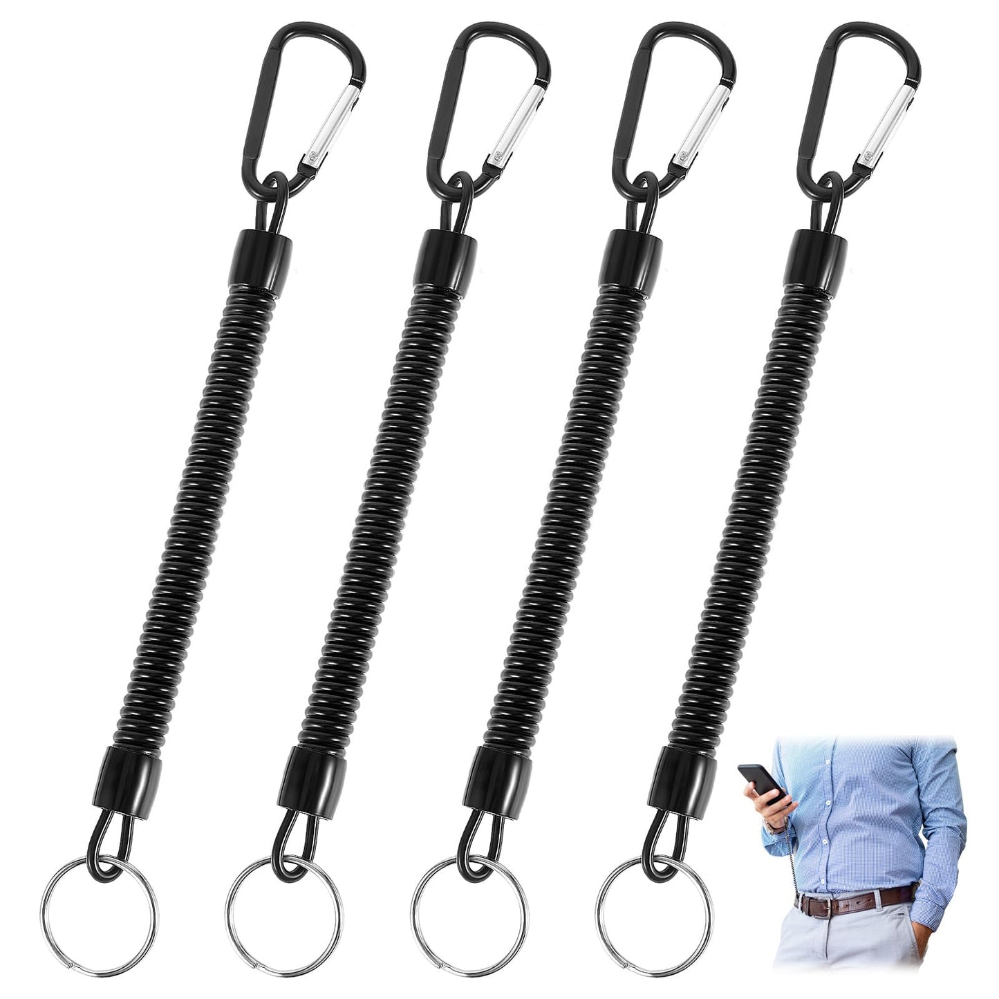 Tyqour 4pcs Heavy Duty Retractable Coiled Lanyard with Key Ring and Lobster Clasp, Fishing Lanyard, Retractable Tool Lanyard, Wrist Coil Keychain for Keys Wallet Cellphone(Black)