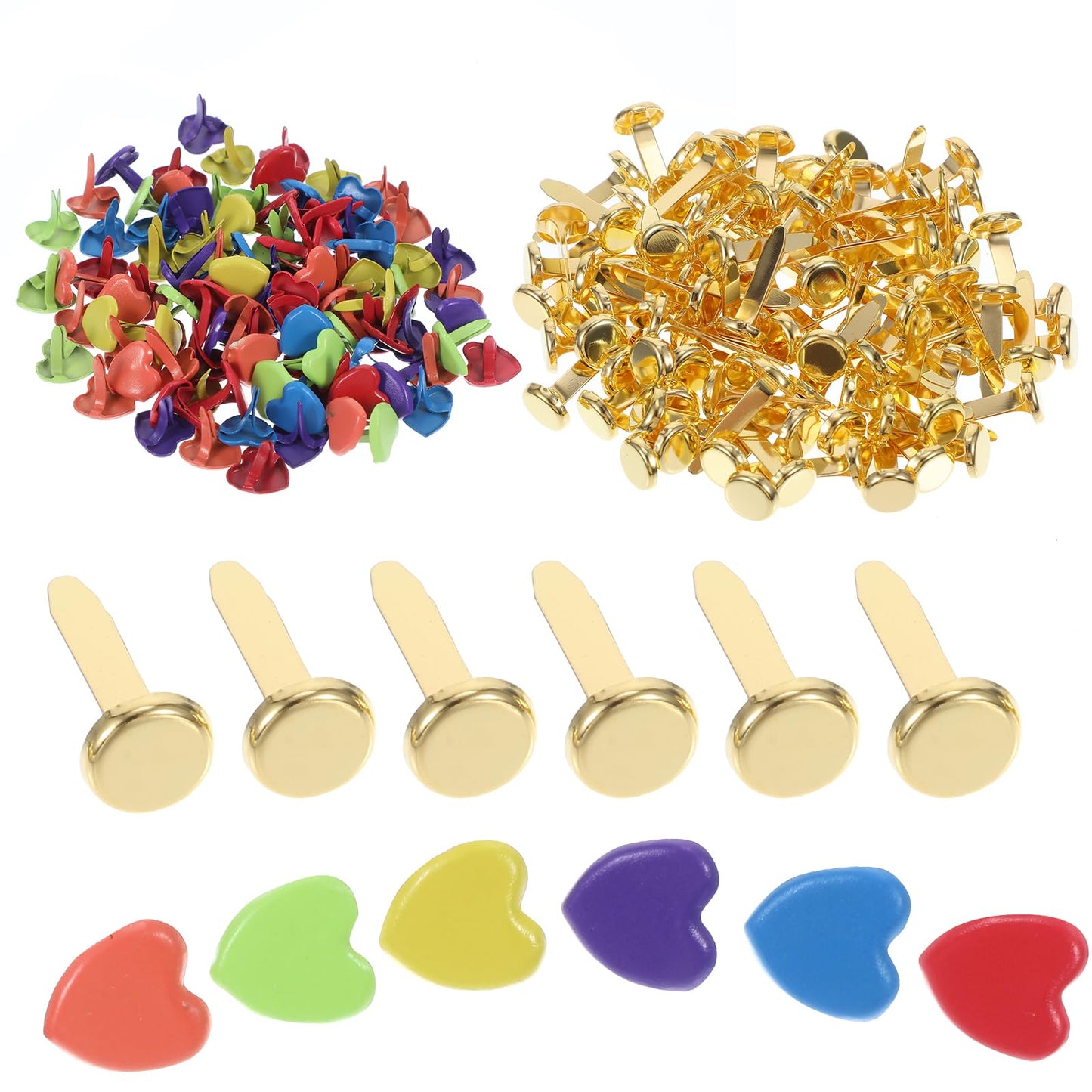 Ouligay 200 Pcs Brass Paper Fasteners,Heart Brads for Paper Crafts,Multicolor Split Pins for Crafts DIY Handicraft School Project Supplies Scrapbooking Office