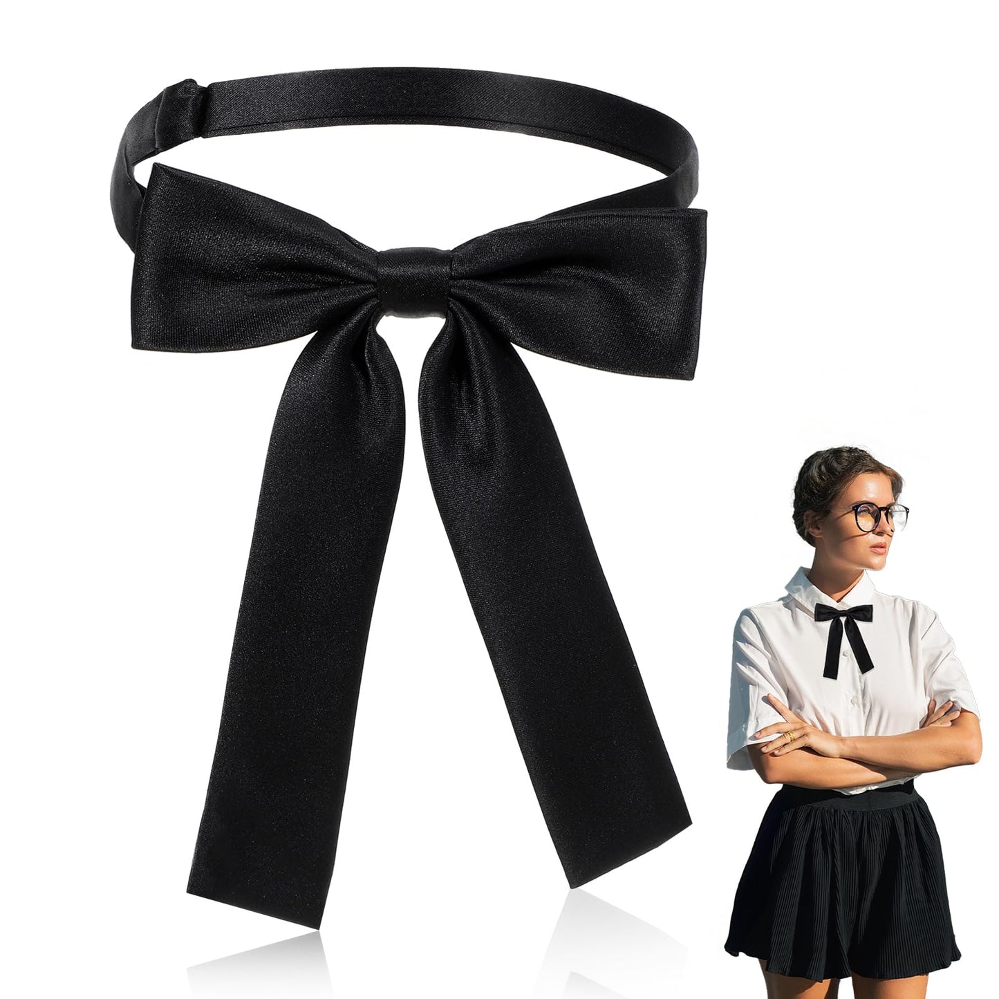 Western Black Bow Ties for Men and Women, Black Colonel Satin Ribbon String Bow Tie, Pre-Tied Adjustable Polyester Ribbon Bowtie for Costume, Wedding, Uniform Shirts