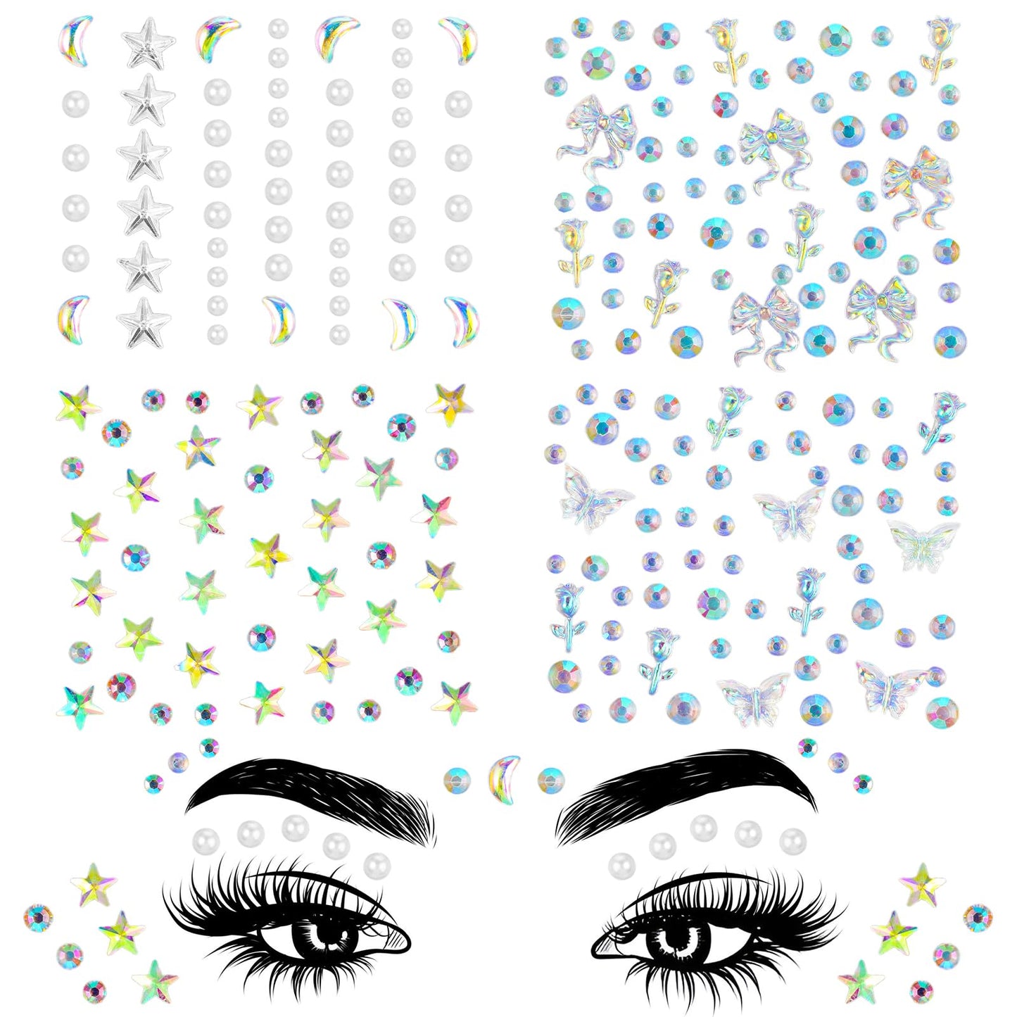 4 Sheets Star Face Eye Stickers Face Crystals Stick on Self Adhesive Face Gems Stickers Halloween Moon Pearls Butterfly Face Makeup Stickers for Women Girls Festival Accessory and Nail Art Decorations