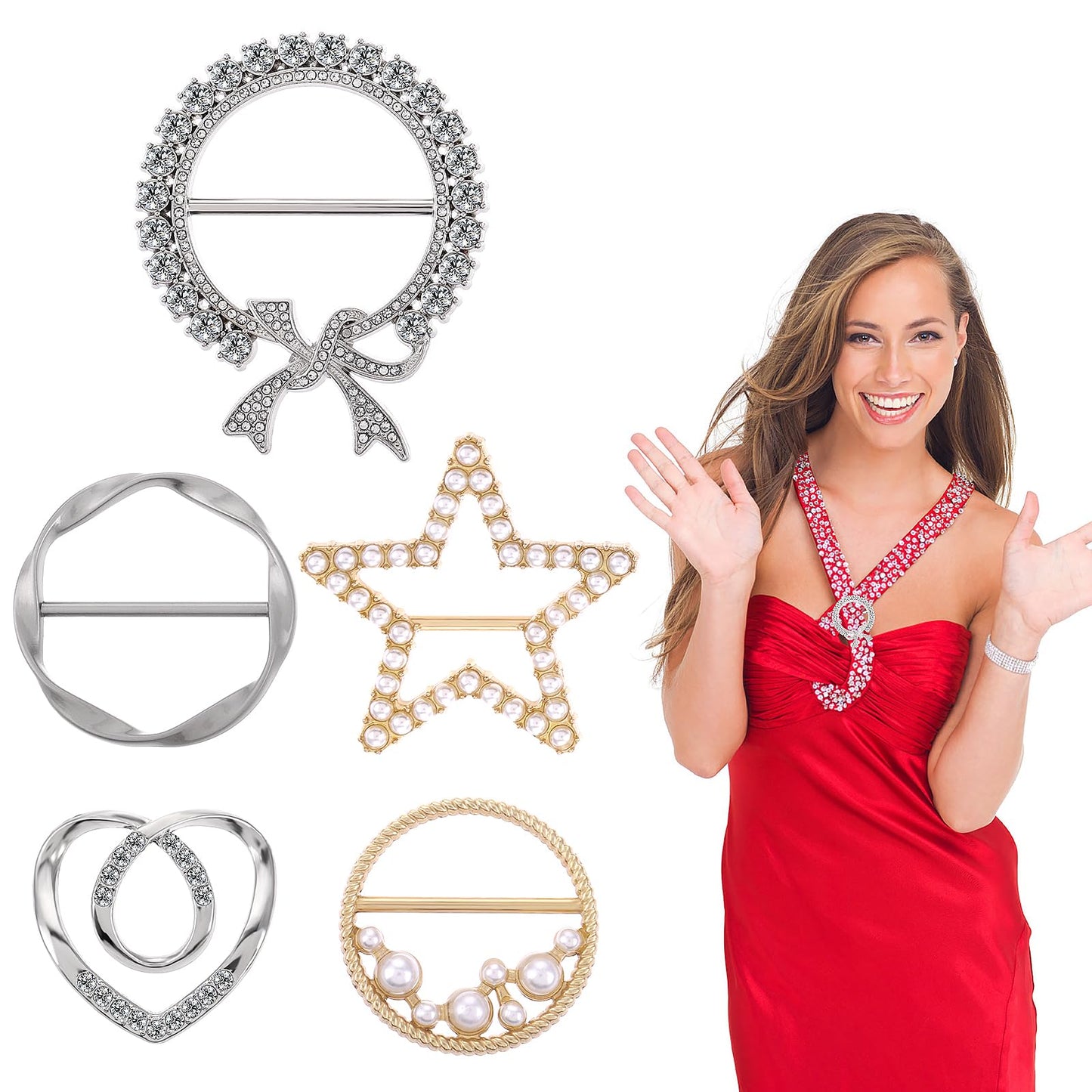 Tyqour 5 Pack Metal Shirt Clips for Women Clothing, Scarf Ring Clip, Shirt Ties Clips for Women, Waist Buckle for Shirts Clothing Ring Wrap Holder for Clothes Hat Belt Decor(Gold and Silver)