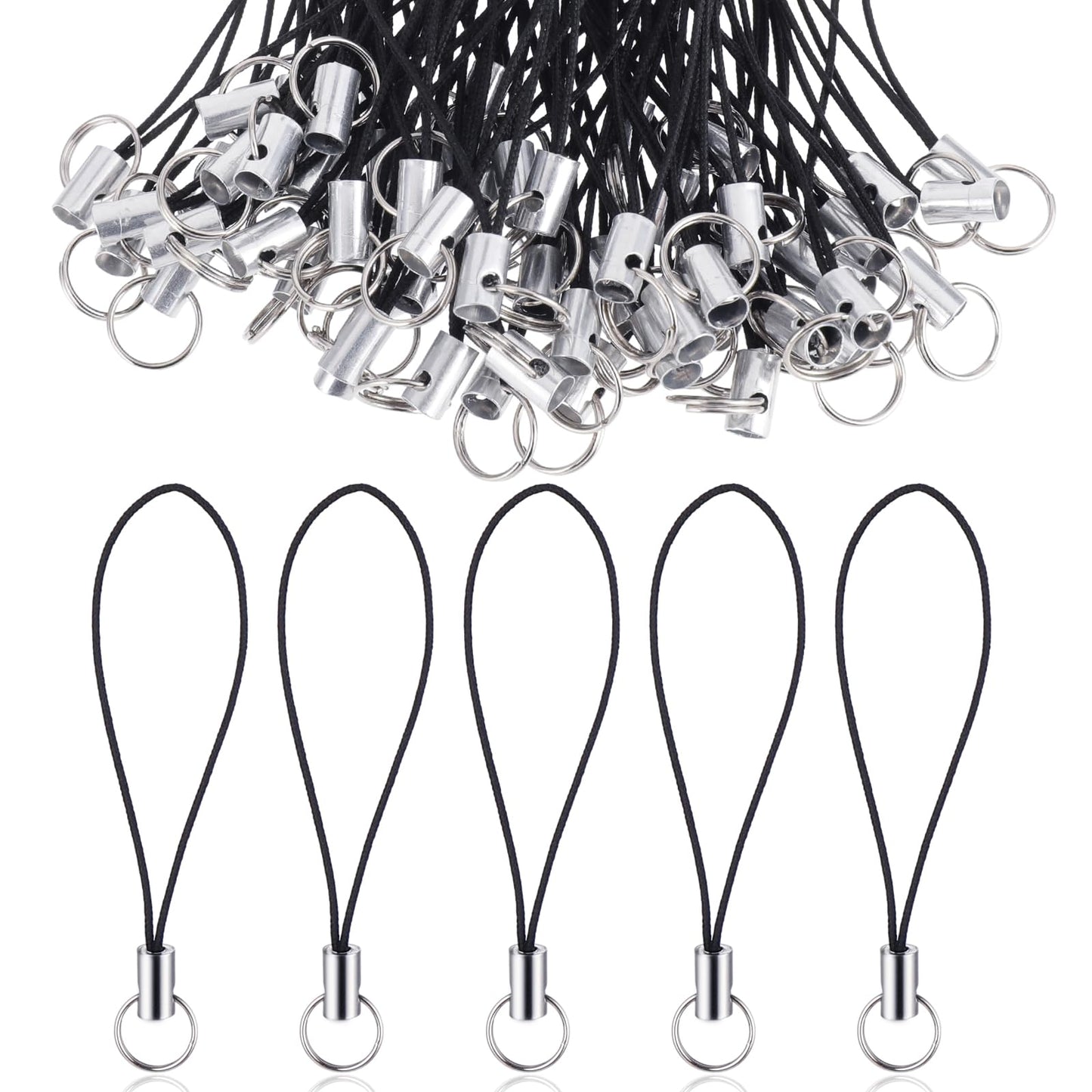 100PCS Phone Charm Loop Phone Charm String Phone Charm Strap Cell Phone Split Ring Strap Mobile Lariat Lanyard Sliver Tone Split Ring Cellphone Strap Charm Cords For Cellphone Usb Drive Keychain Diy