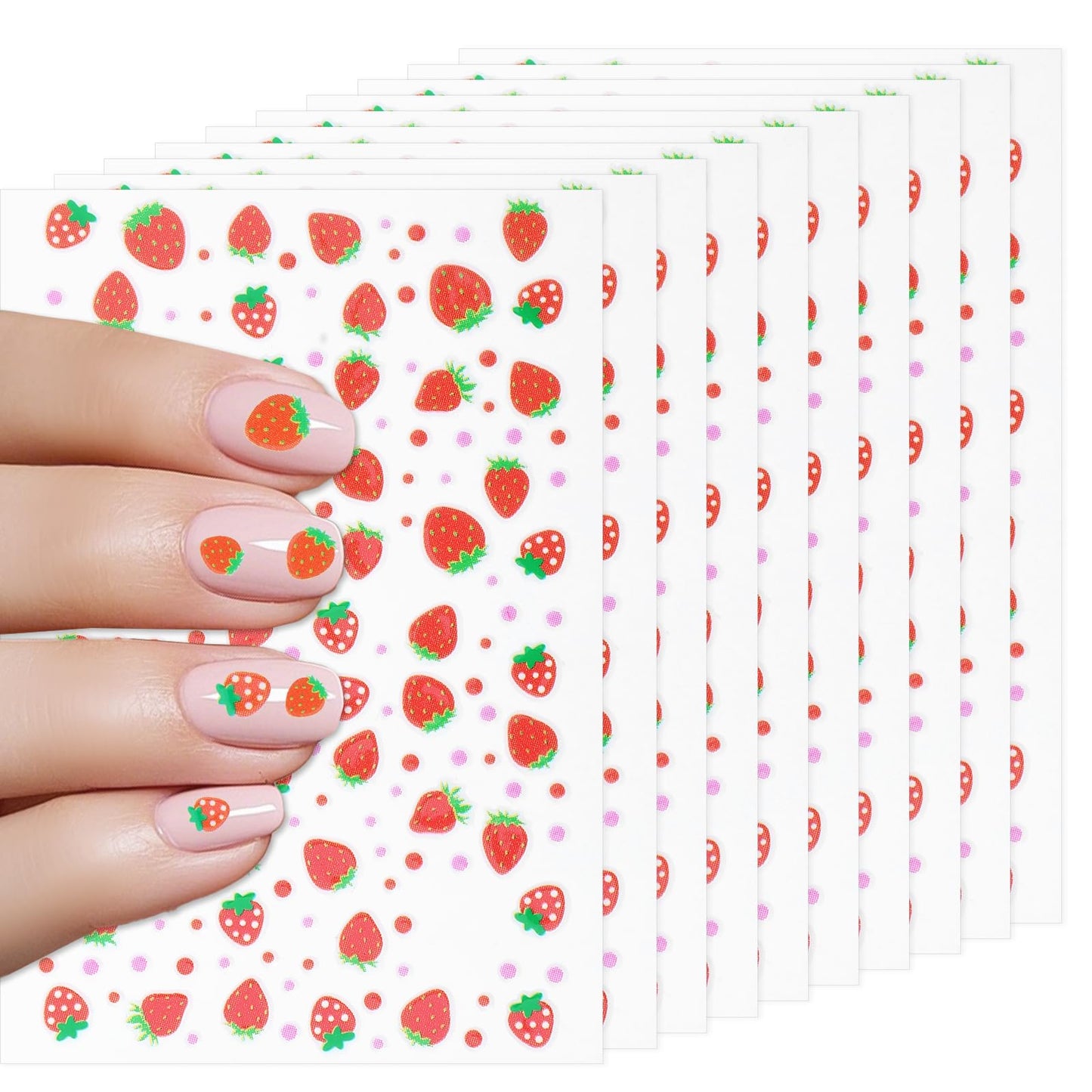 Xinjoduz 10 Sheets Summer Fruit Strawberry Nail Stickers, Self-Adhesive Nail Art Stickers Decals for Kids, Cute Red Strawberry Design Manicure Tips Nails Charms for Women Girls DIY Summer Manicure