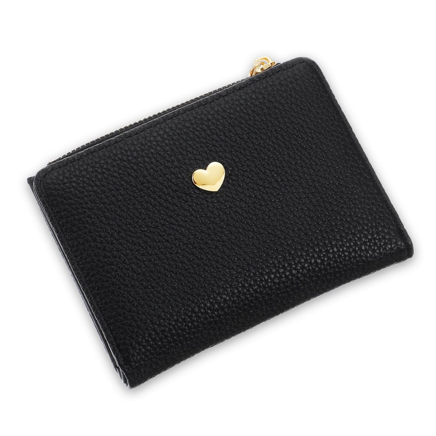 Mabor Small Card Wallet for Women PU Leather Slim Compact Wallet with Heart Pattern, Black Minimalist Credit Card Holder with Coin Pocket Wristlet Purse