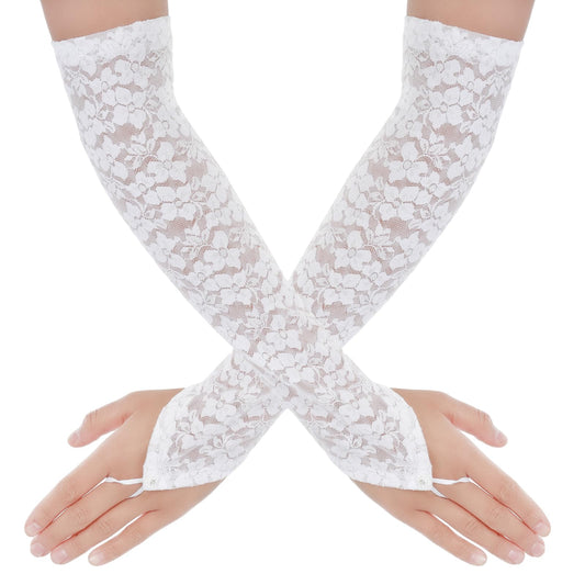 Tyqour Women's White Long Lace Gloves Fingerless, Elbow Length Gloves, Fingerless Gloves for Women, Lace Wedding Bridal Tea Party Gloves for Women