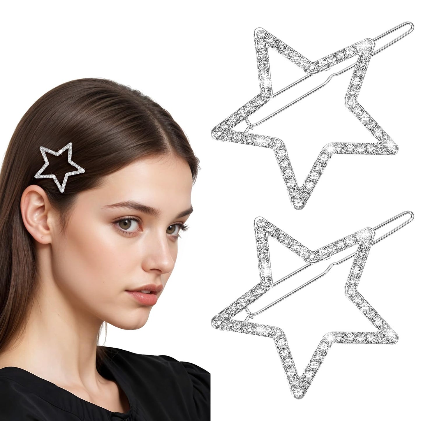 2PCS Star Hair Clip, Silver Star Hair Clips with Sparkly Rhinestones Hollow Stars Barrettes for Women Lady Girls Long Short Straight Curly Hair Accessories