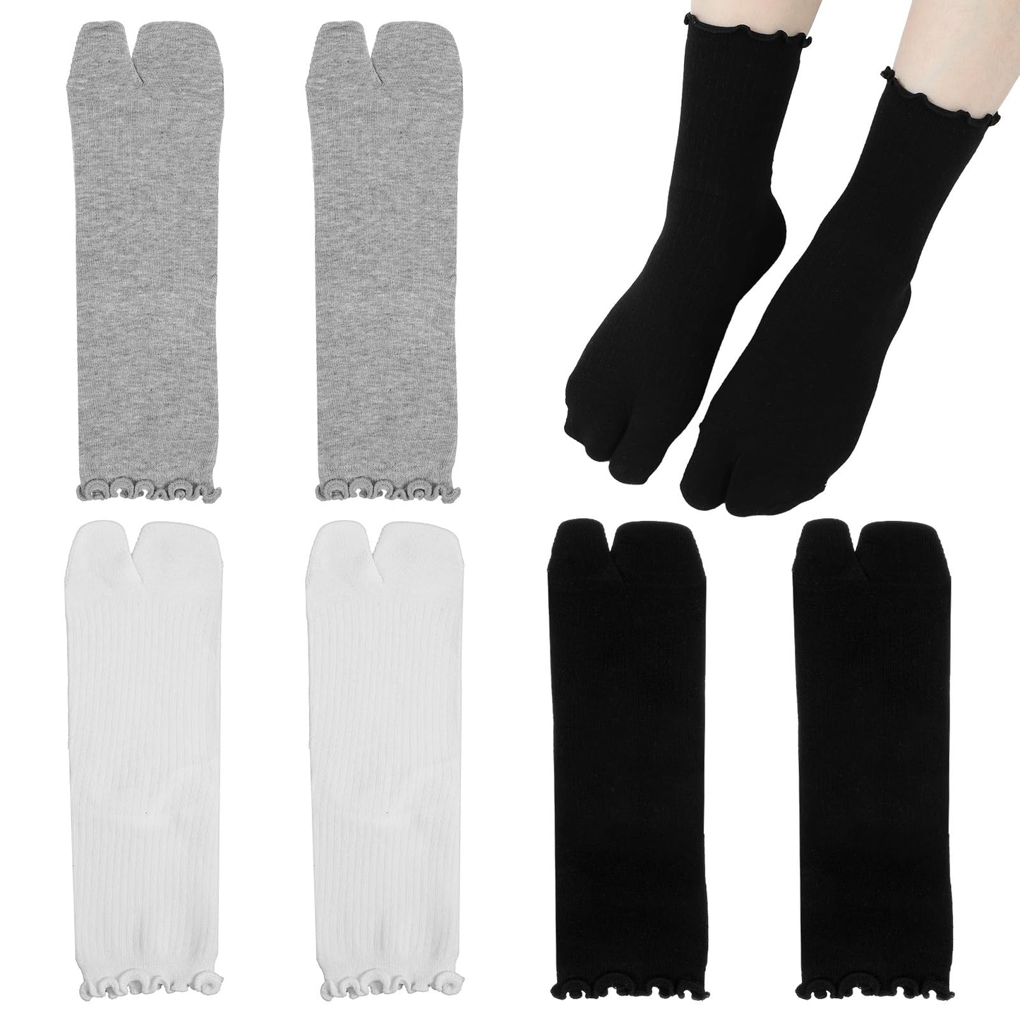 Ouligay 3 Pairs Split Toe Socks Elastic Japanese Tabi Flip Flops Sandal Socks Ruffle Frilly Sports Casual Sock Cotton for Mens Womens Japanese Toes Separated Sock (Black, White, Gray)