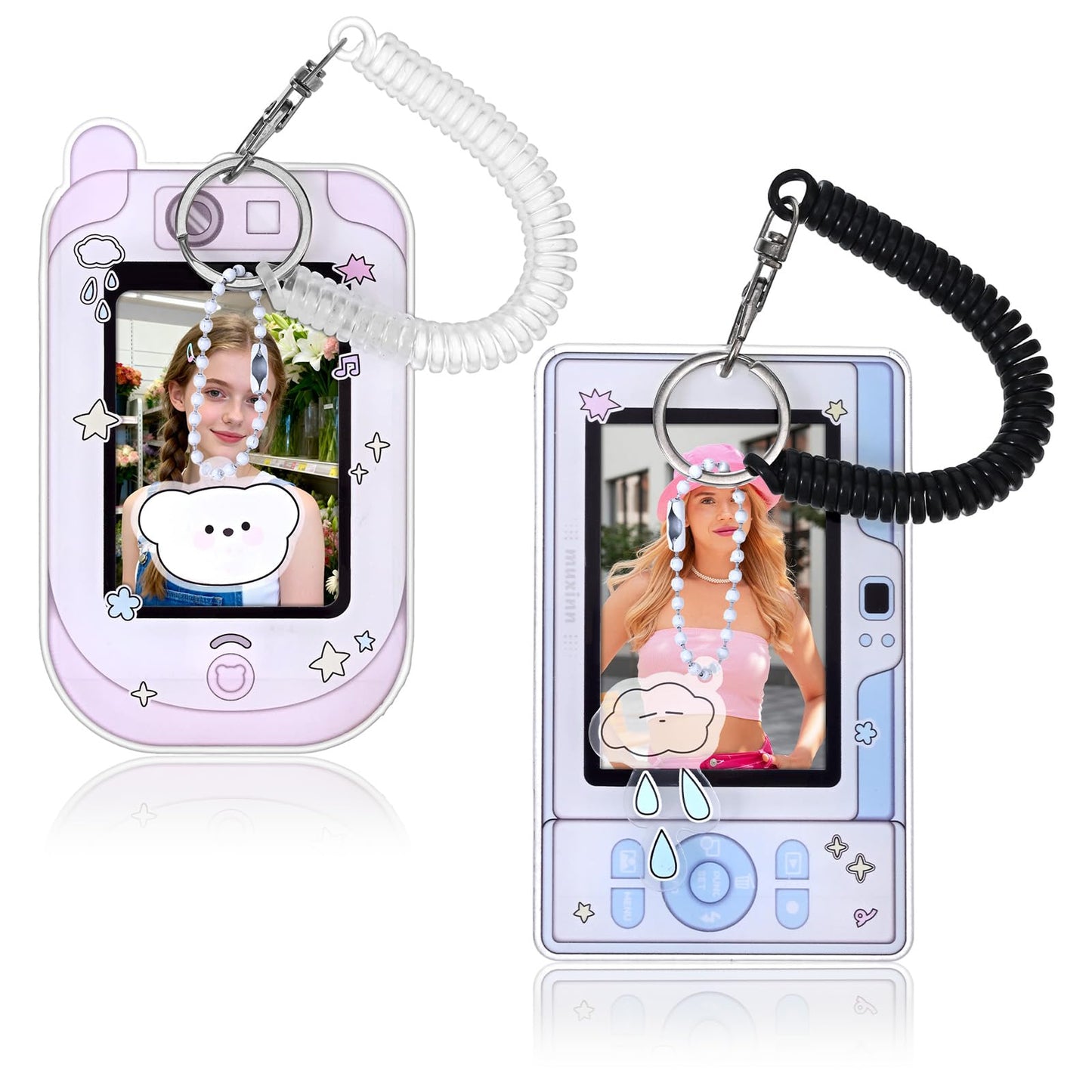 2 Pcs Cartoon Photocard Holder, Acrylic Photo Card Holder Keychain, Cute Id Badge Holders, Bus Student Card Photo Protective Sleeves with Cloud Bear Pendant Spiral Wrist Coil