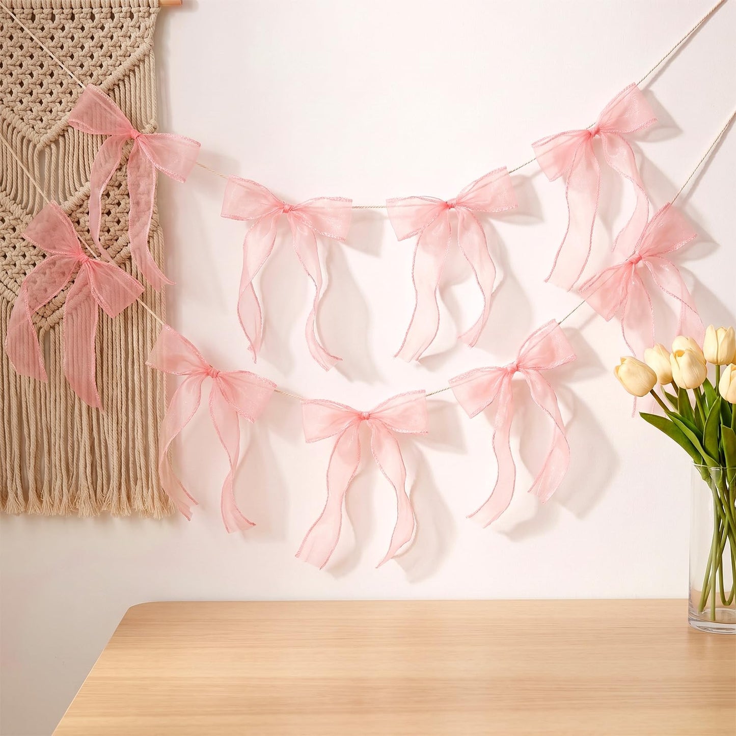 Chsoejuf 1 String Pink Tulle Ribbon Bow Garland Banner Party Decorations