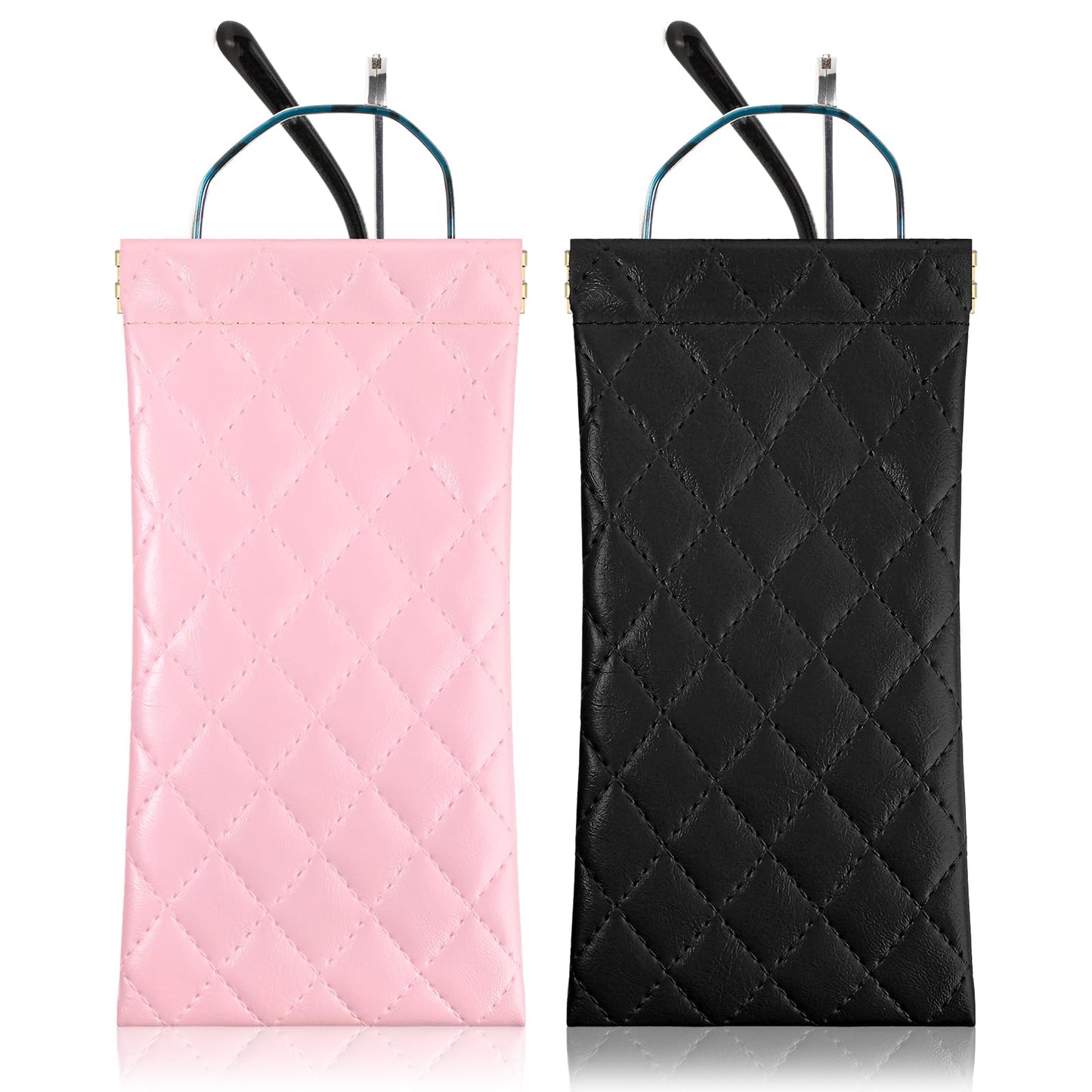 Nogeqi 2 Pcs Leather Sunglasses Case Soft, Squeeze Top Glasses Pouch, Portable Slim Eyeglass Case Sunglasses Bag for Women Travel Eyeglass Storage Bag (Black, Pink)
