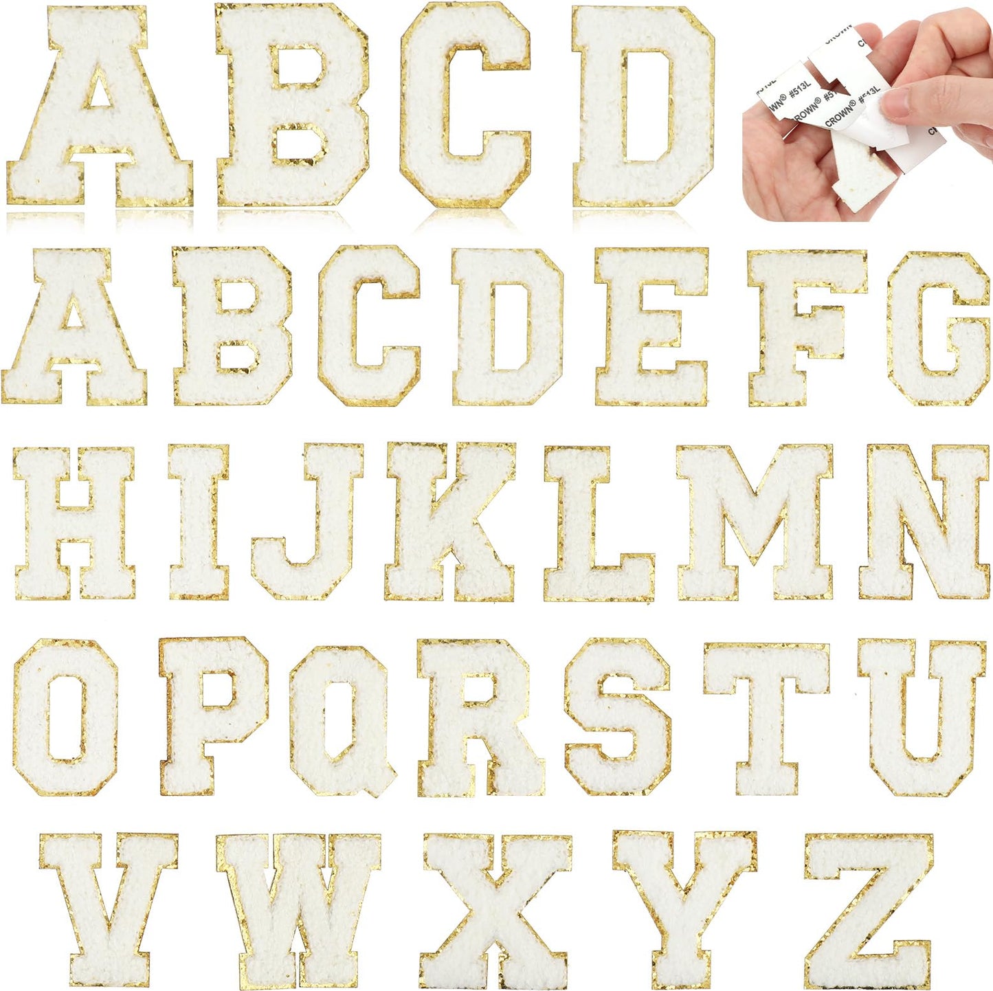 26PCS Chenille Letter Patches Self Adhesive Letter Patches A-Z Alphabet Embroidered Applique Preppy Patche with Glitter for Clothing DIY Backpacks Hat Repair( 2.2×1.6 Inches)(White)