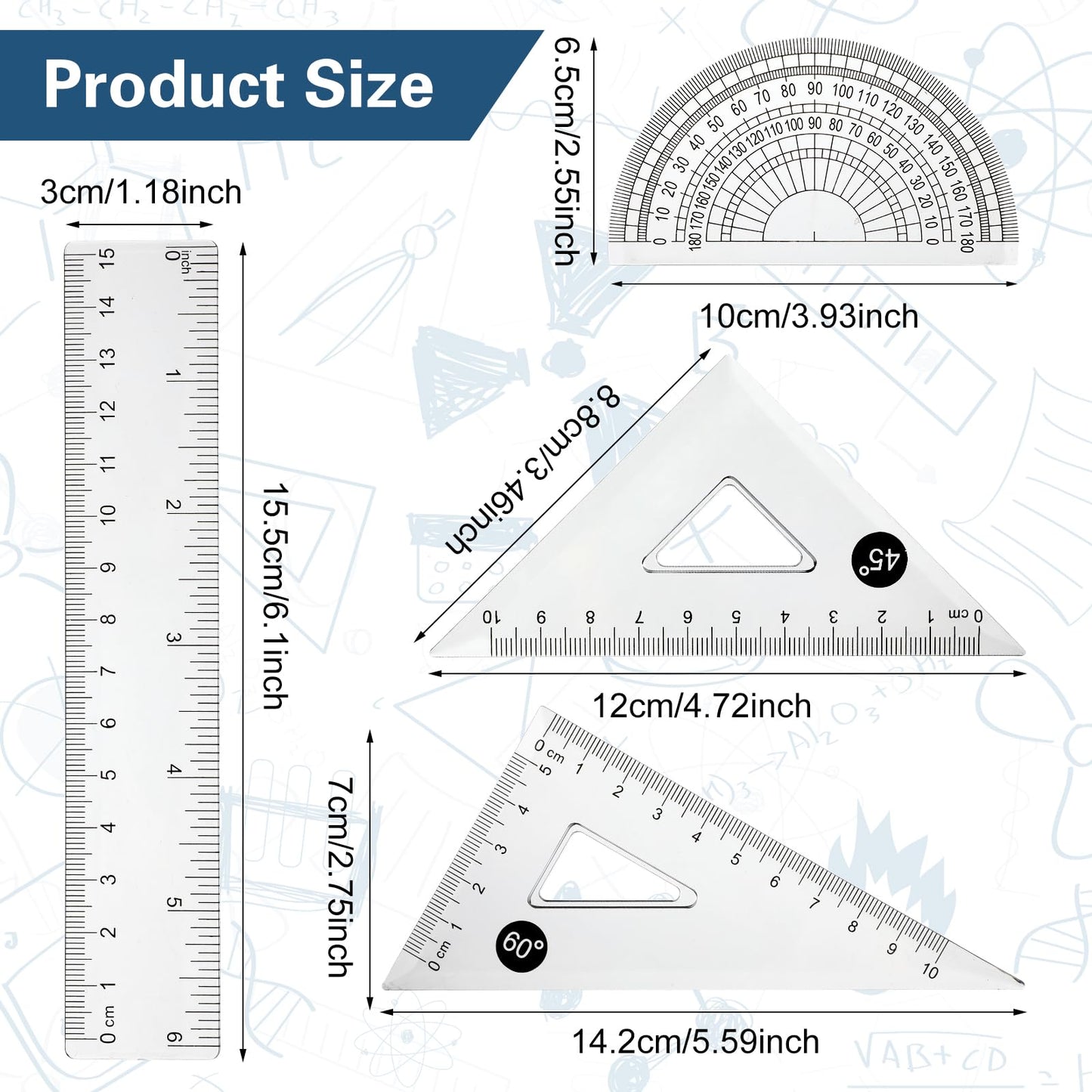 Mabor Geometry Ruler Set 4 Pack Protractor Ruler Triangle Ruler Square Ruler Clear Ruler Set Drafting Supplies for Students Adults