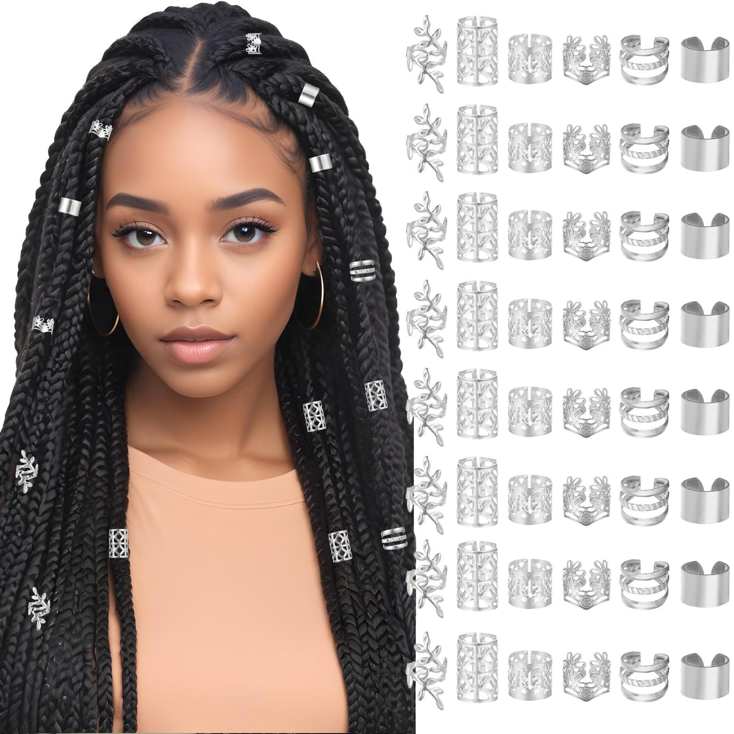 48Pcs Silver Hair Jewelry for Braids 6 Styles Hair Cuffs Adjustable Braid Jewelry Clips Loc Dreadlock Accessories for Women and Girls