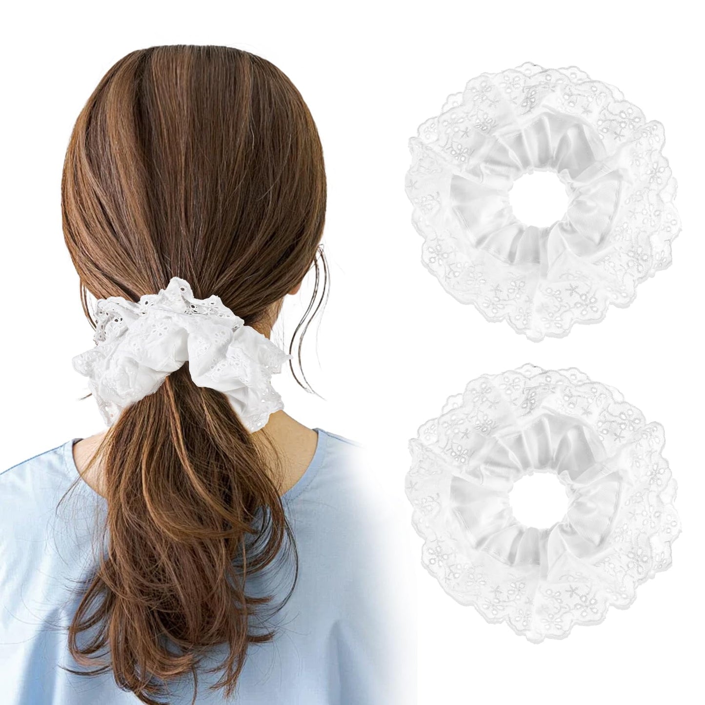 Tyqour 2Pcs White Scrunchies for Women Oversized Scrunchie Lace Hair Scrunchies Double Layer Large Scrunchie No Damage Hair Ties Elastic Ponytail Holders Hair Accessories for Curly Hair Ponytail Hold
