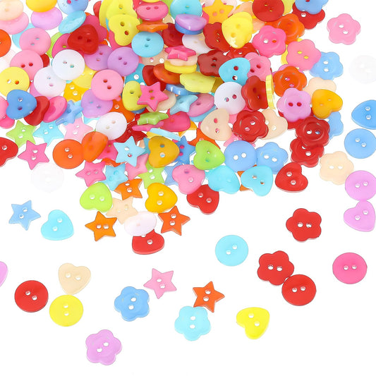 Xinjoduz 400 PCS Buttons for Crafts, 4 Styles Colorful Assorted Buttons for Crafts Round Heart Star Flower Mix Buttons Resin Buttons for Sewing DIY Crafts Handmade Repair Suits Shirts Clothes