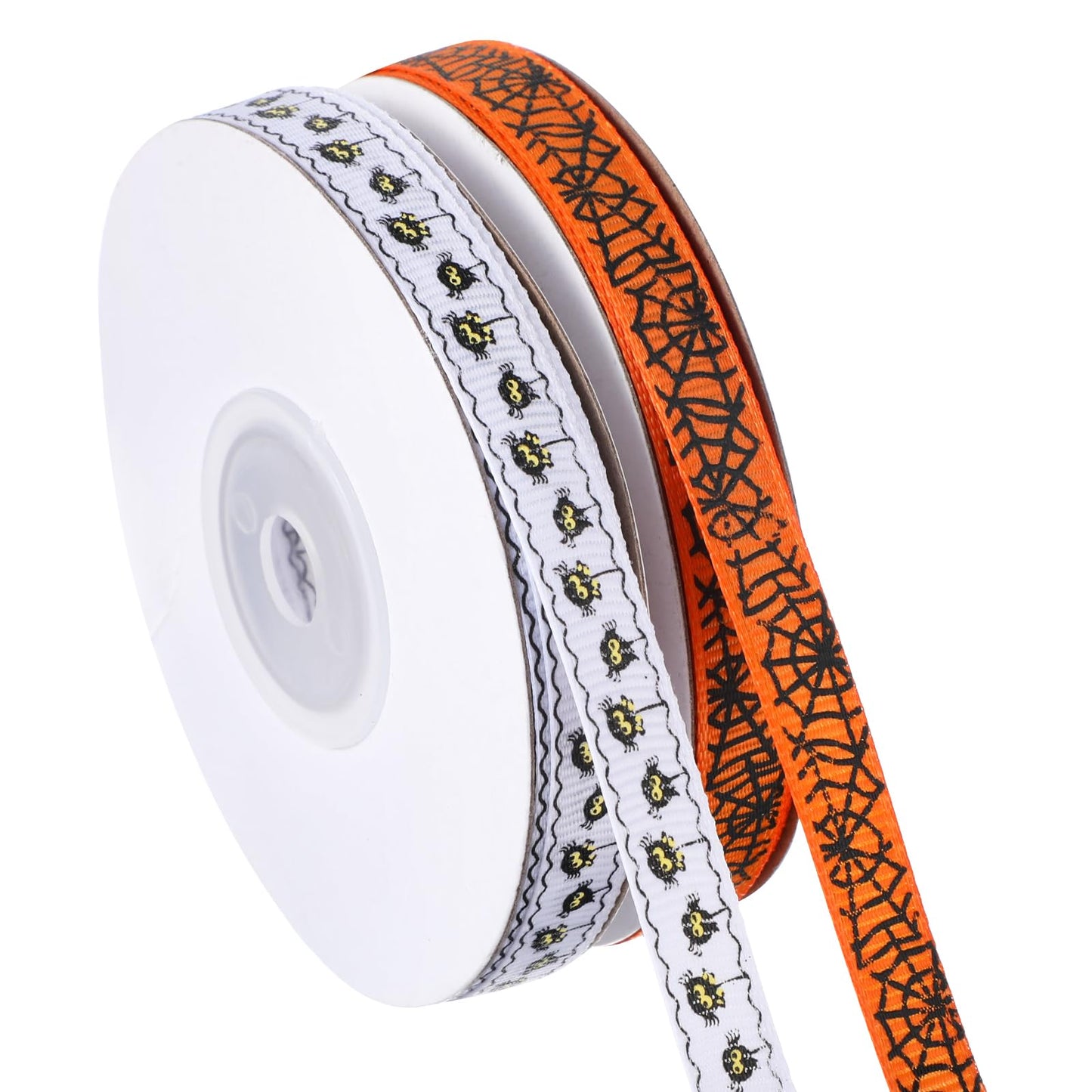 2 Rolls 50 Yards Halloween Ribbon Wired, 3/8 in Wide Decorative Black Spider Web Printed Ribbon Wired Thin Spooky Halloween Ribbons for Crafts Sewing DIY and Wreath Home Decoration (Orange/White)