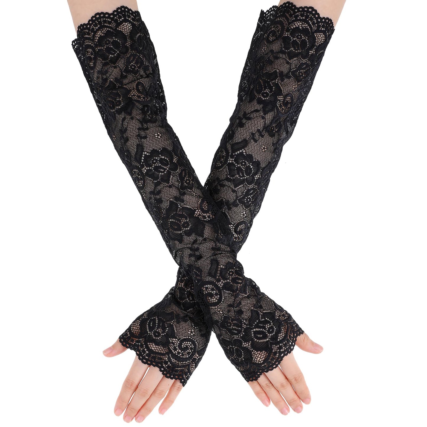 Bremorou Black Lace Arm Sleeves For Women Long Fingerless Lace Sleeves Warmers Floral Elbow Length Mesh Arm Sleeves For Weddings Tea Party(Black)