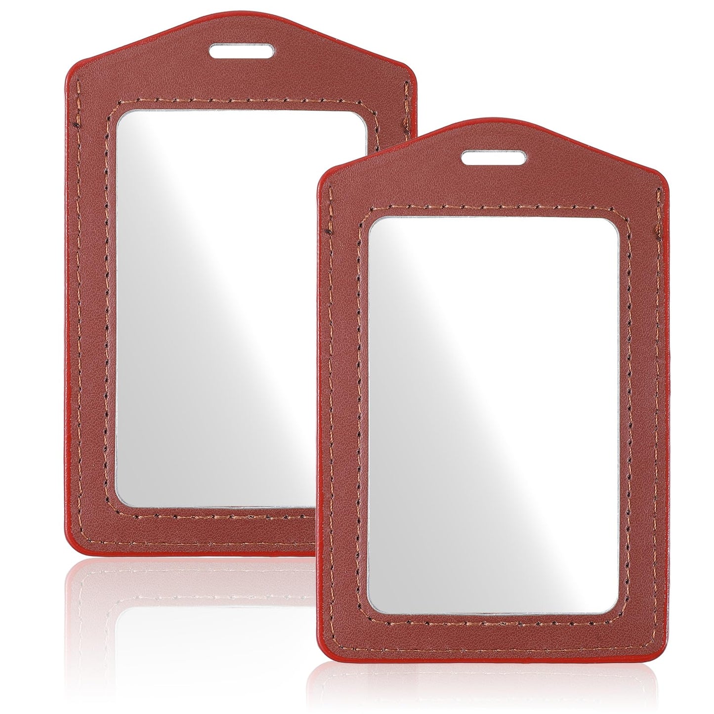 Mabor 2 Pcs Leather ID Badge Holders, Vertical Double-Side Clear Card Holder for Office Staff Students, Brown