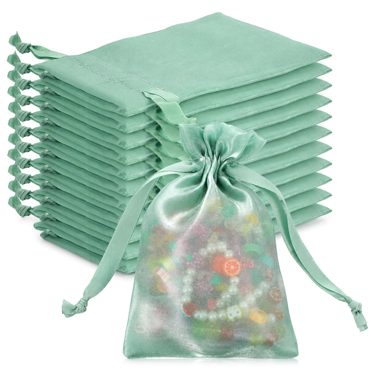 12 Pack Small Organza Bags 5.9x3.9 Inch Drawstring Gift Bags(Green) (green)