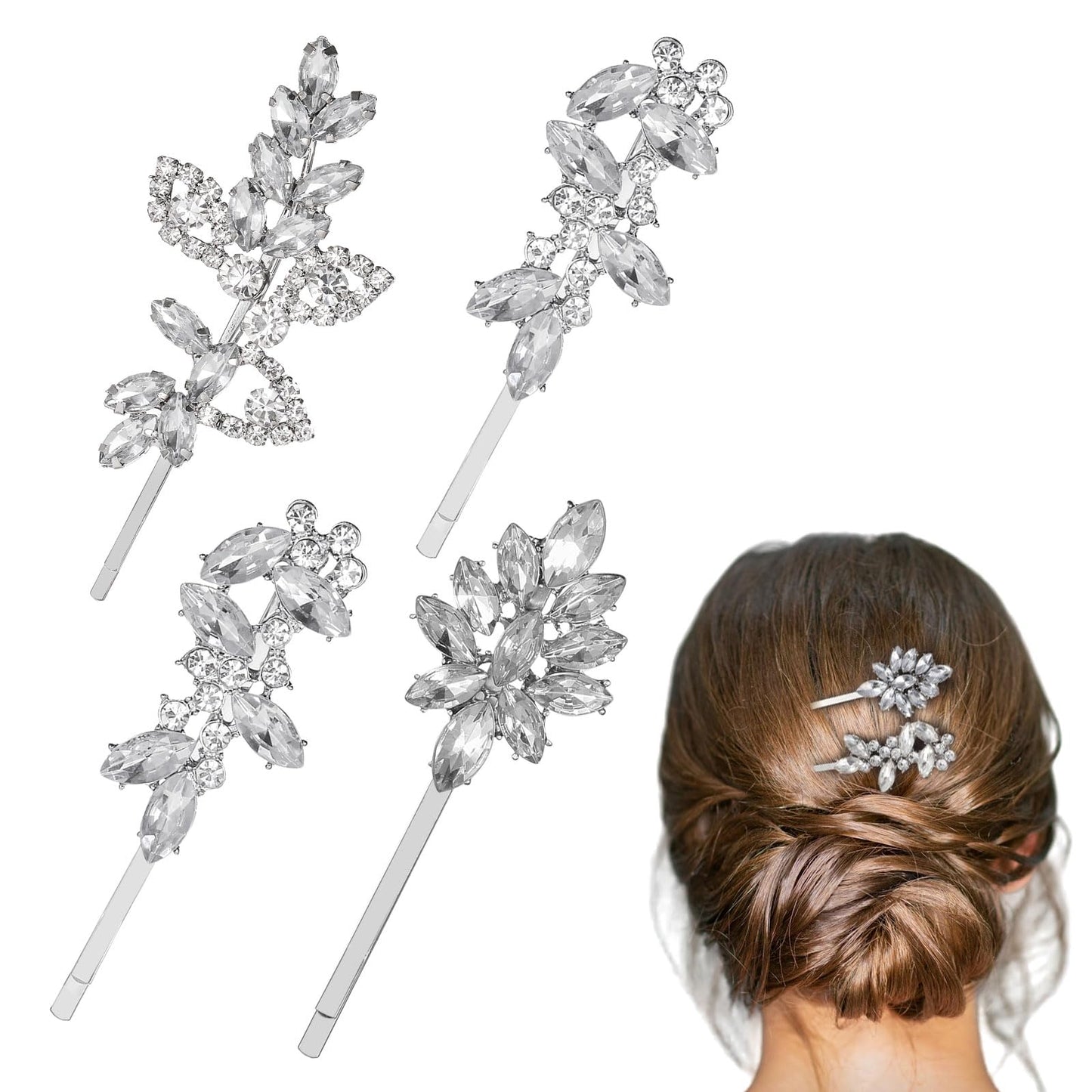 Tyqour 4 Pieces Rhinestone Wedding Hair Pins, Silver Bridal Hair Clip, Rhinestone Glitter Hair Clips, Diamond Crystal Hair Accessories, Bling Decorative Hair Clips