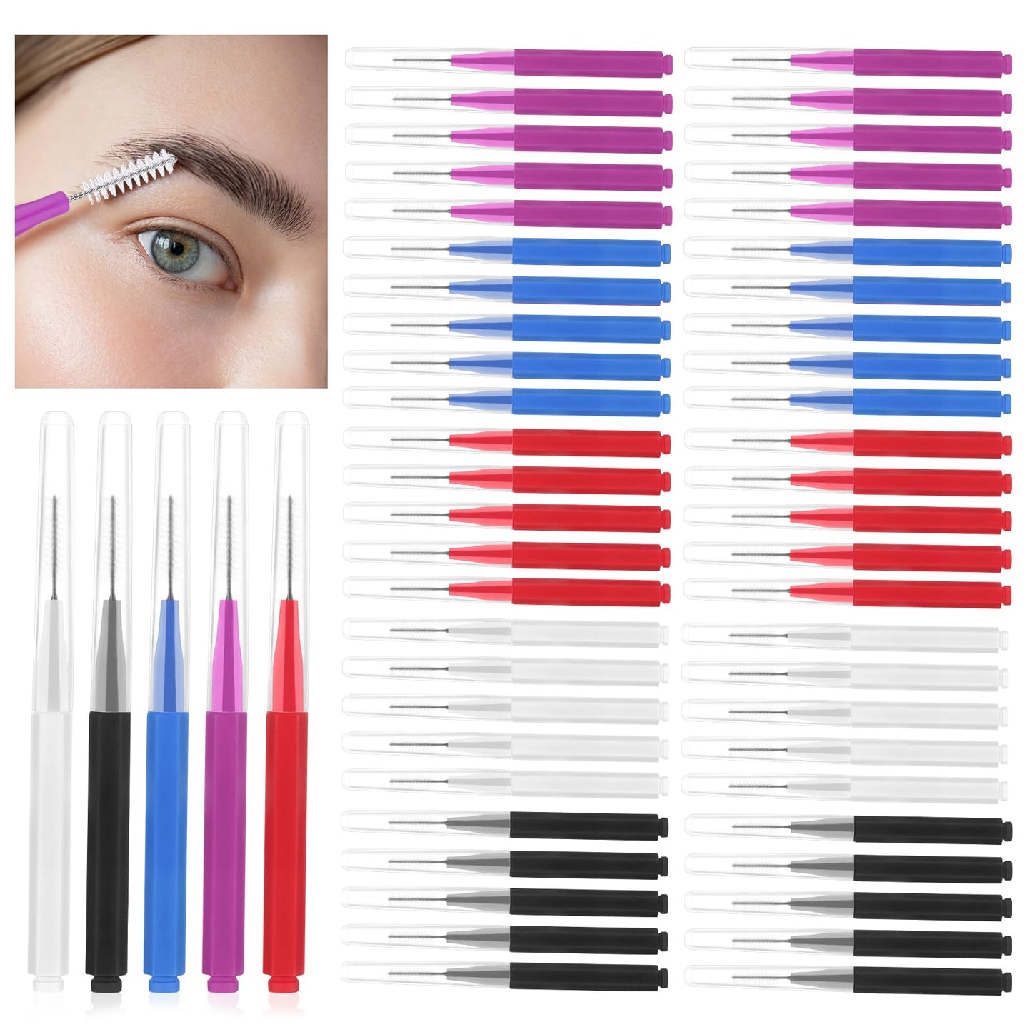 Micro Eyebrow Brush with Cap 50 PCS Eyebrow Lamination Brush Micro Spoolies for Brow Lamination Portable Eyelash Brush Multifunctional Micro Lash Comb for Eyebrows Eyelash Extensions Tool (5 Colors)
