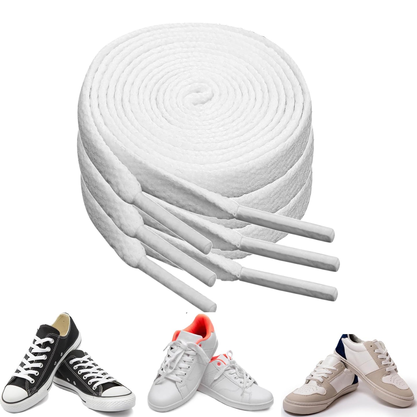 Ouligay 3 Pairs White Shoe Laces, White Laces for Trainers, 8mm Wide Trainer Shoe Lace 140cm, White Shoelaces, Flat Extra Long Shoe Laces for Men Women