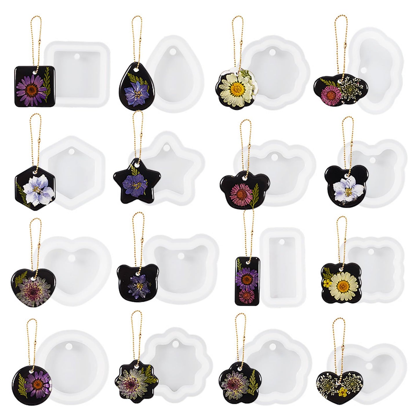 Mabor 16Pcs Resin Silicone Moulds Geometric Clear Silicone Heart/Round/Star/Square Moulds with Hanging Hole for Pendant Keychain Necklace Charm DIY Crafts Jewelry Making Moulds for Casting
