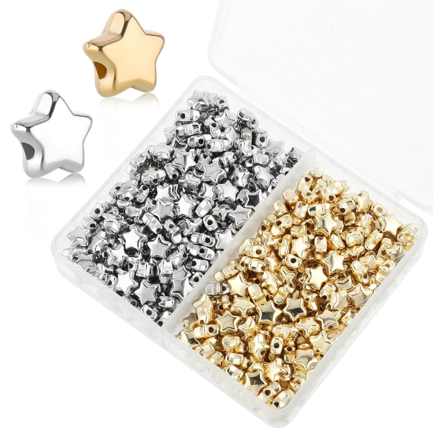 Teaaha 400 Pcs Star Beads, 6mm Star Spacer Beads for Crafts Large Hole Bead Star Buttons Star Spacer Bracelets Charm for DIY Bracelet Necklace Jewelry Crafts Making (6mm, Gold Silver)